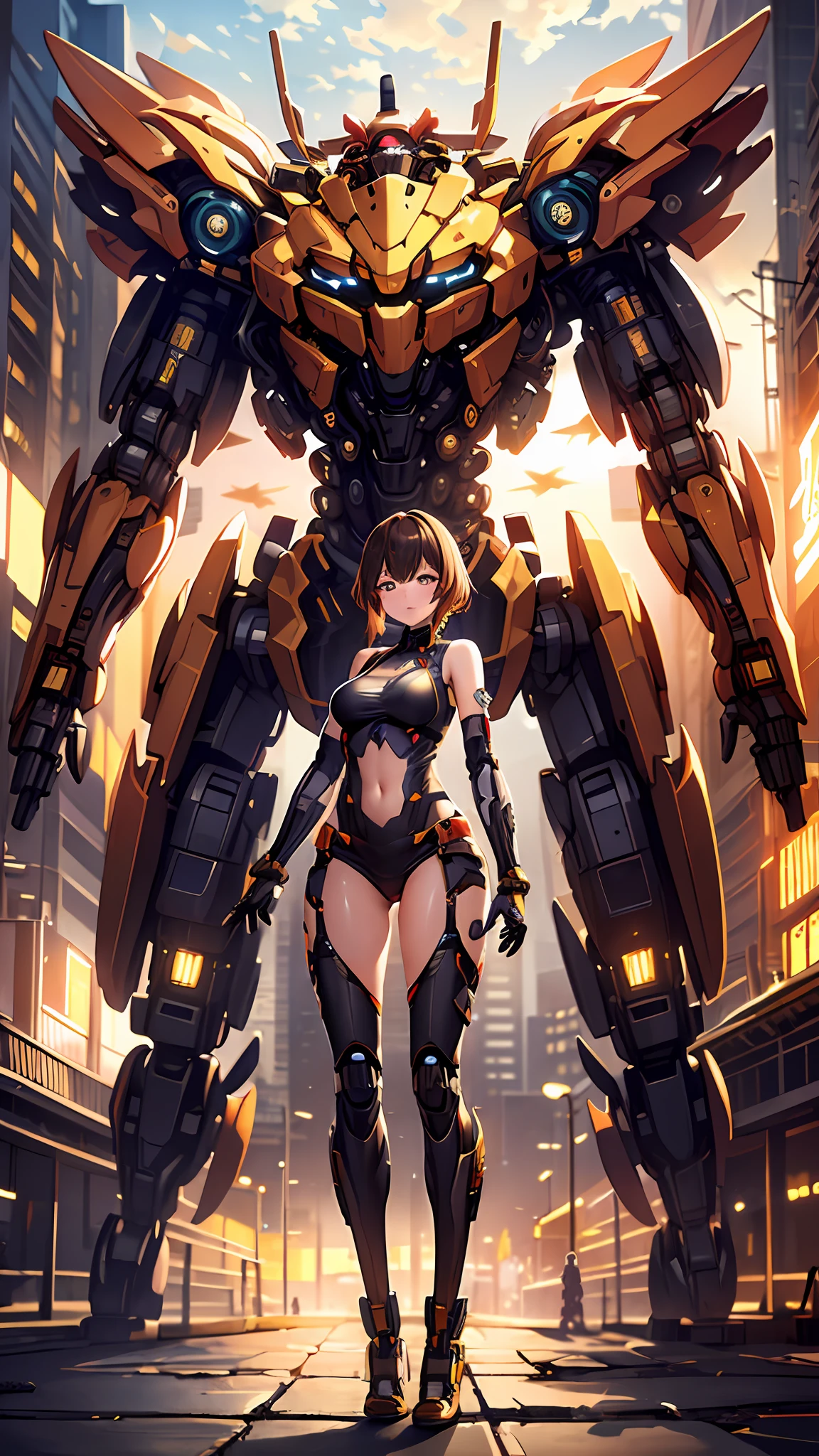 ((masterpiece, best quality)),illustration,ultra detailed 8k,photorealistic,sharp focus,highly detailed,professional lighting,colorful details,iridescent colors BREAK extreme long shot of a factory,large mechanical robot construction,microchip,computer,glowing,intricate details,shitu-mecha,1girl is standing in front of the audience,Navel