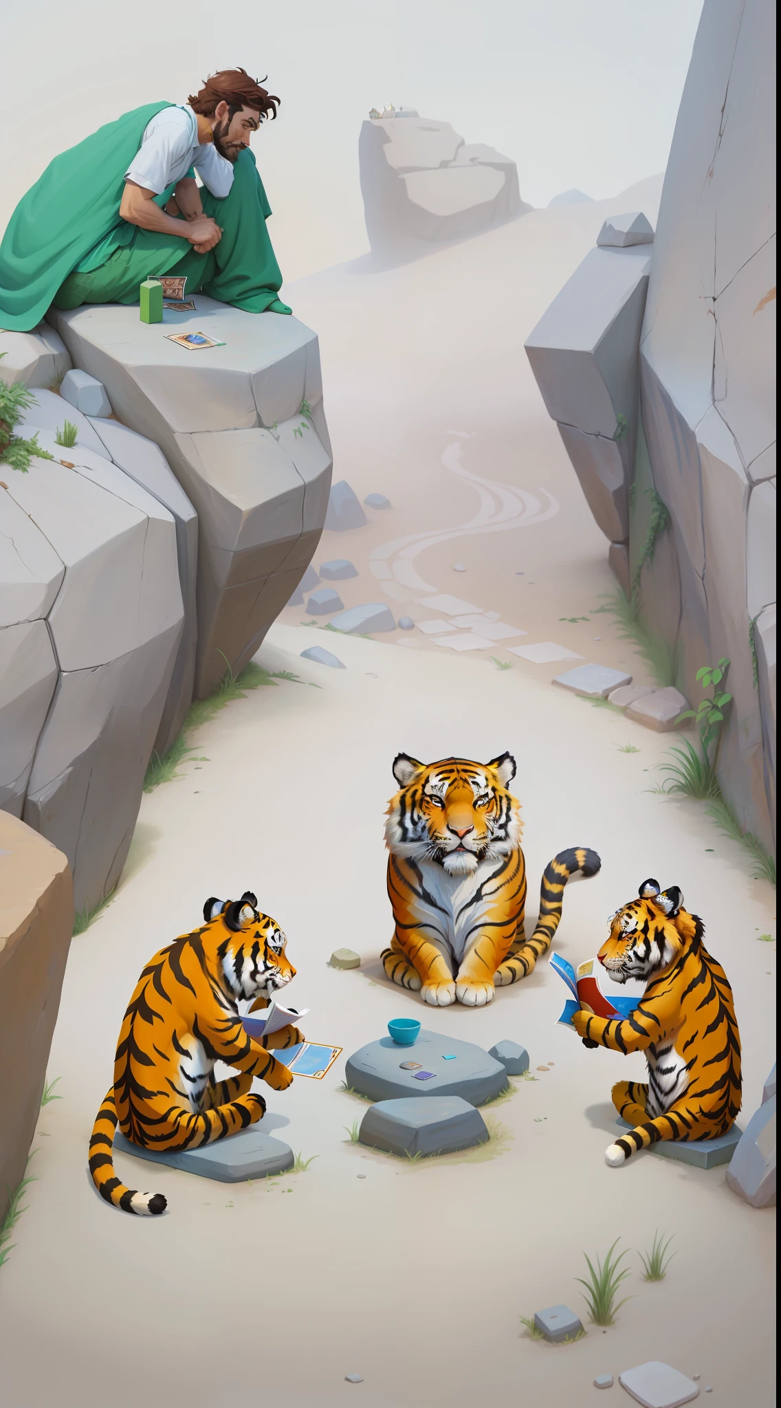 A painting of an ancient man sitting on a stone, with three tigers, tiger, children's book painting, cartoon movie stills, lee coran, traditional art, cat playing poker, animated film stills, lee jae, calvin and Hobbs, sitting on veterans, card game illustration, hand drawn animation, children's book painting, ((tiger))