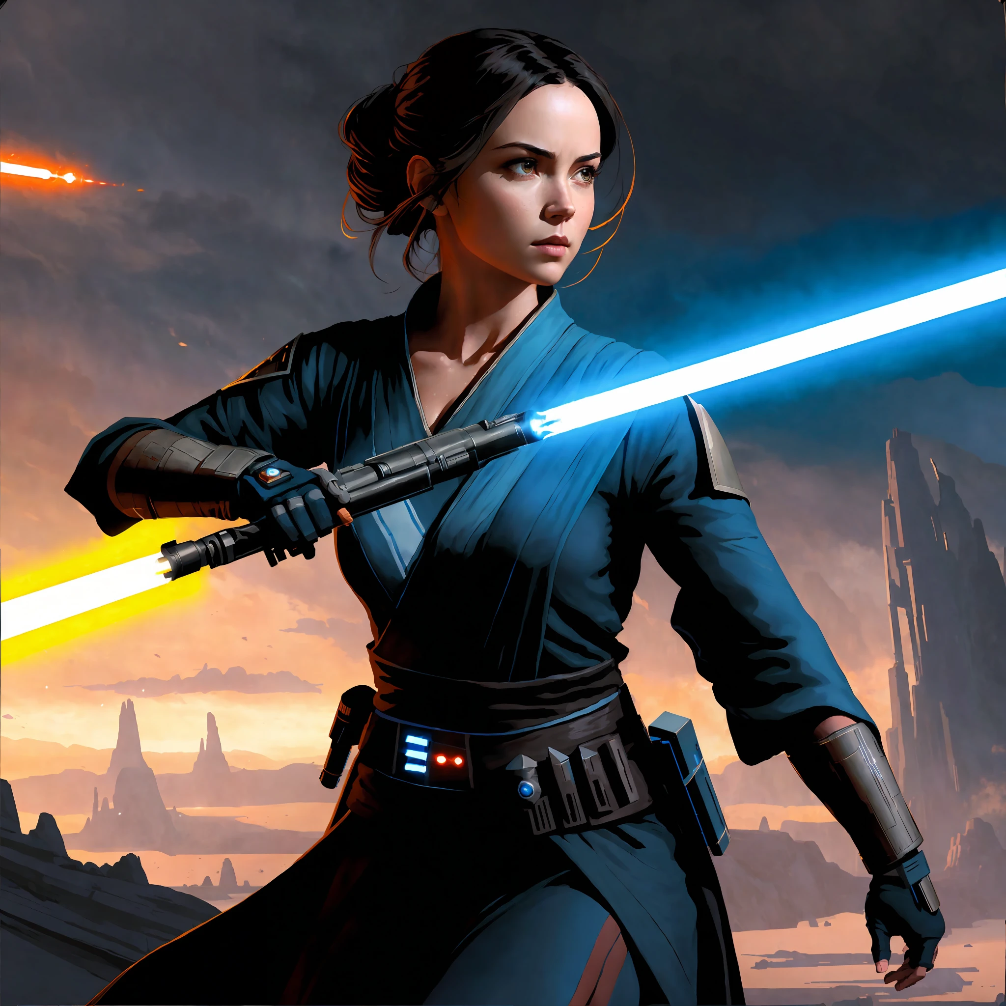 star wars the force awakes in a new poster, female jedi, rey, jaina solo, holding a lightsabre. splash art, star wars character, holding lightsaber 4 k, holding a blue lightsaber, jedi with light saber, jedi, star wars digital art, with lightsaber sword, cal kestis lightsaber wallpaper, jedi knight