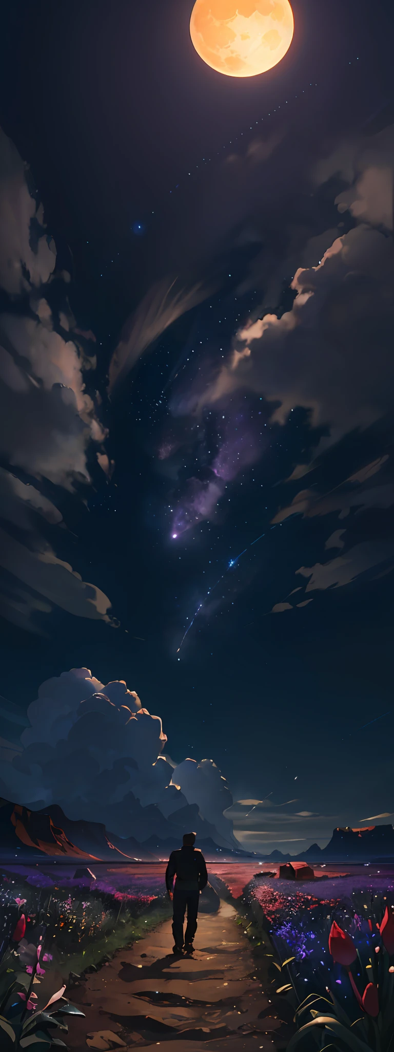 expansive landscape photography, (a view from below showing the sky above and the open field below with a black door in front of him), a boy standing in a field of flowers looking up, (full moon: 1.2), (shooting stars: 0.9), (nebula: 1.3), distant mountain, tree BREAK production art, (hot light source: 1.2), (Firefly: 1.2), lamp, very purple and orange, complex details, volumetric lighting, realism BREAK (masterpiece: 1.2), (best quality), 4k, ultra-detailed, (dynamic composition: 1.4), highly detailed, colorful details, (iridescent colors: 1.2), (bright lighting, atmospheric lighting), dreamy, magical, (solo: 1.2)