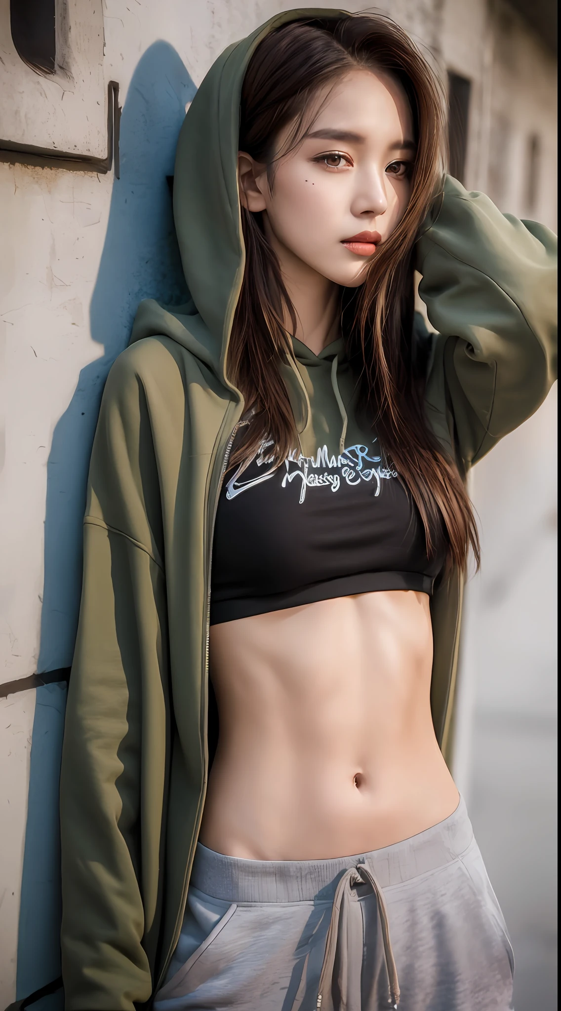 ((Best quality, 8k, Masterpiece :1.3)), Fashion photography, A tall and pretty woman with perfect figure :1.4, Slender abs, Dark brown hair, Breasts, Crop top with hoodie, Pants, Graffiti on wall, Highly detailed face and skin texture, Detailed eyes, Double eyelid