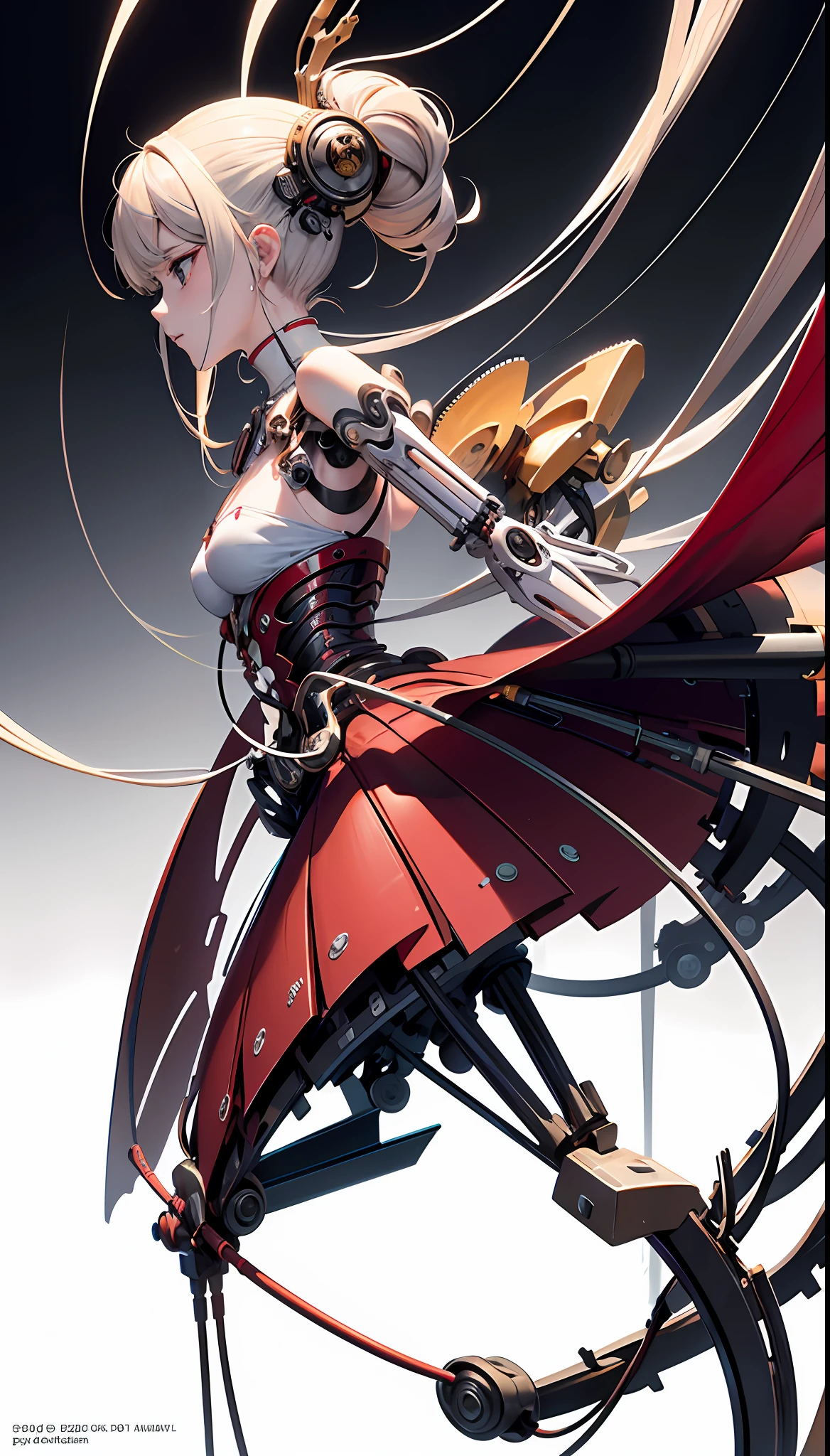 (Masterpiece, Top Quality, Best Quality, Official Art, Beautiful Indulgence: 1.2), (1 Girl: 1.3), Very Detailed, Colorful, Supreme Detail ((Ultra Detailed)), (Highly Detailed CG Illustration), (Very Delicate and Beautiful)), (From the Side), Cinematic Light, (1 Machine Girl)), Solo, Full Body, (Mechanical Joints: 1.2), ((Mechanical limbs)), (Blood vessels connected to tubes), ( Mechanical vertebrae attached to the back), ((Mechanical cervical vertebrae attached to the neck)), expressionless, (Wires and cables attached to the neck: 1.2), (Head wires and cables: 1.2) (Character focus), (Lower body integrated with mechanical devices), Science fiction, White background, (Blood: 1.5), cruelty, absurdity, erotic rotesque, fusion with machines
