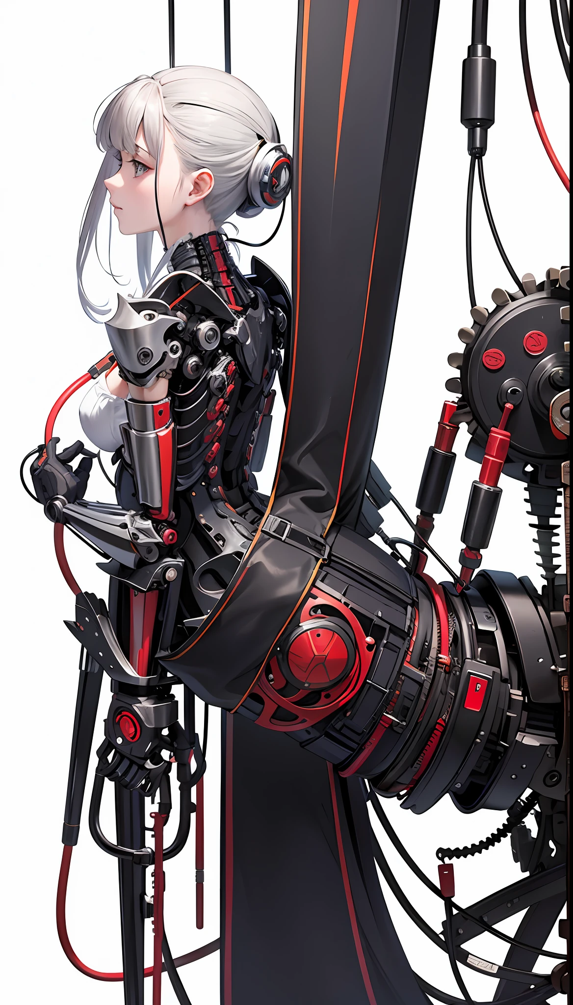 (Masterpiece, Top Quality, Best Quality, Official Art, Beautiful Indulgence: 1.2), (1 Girl: 1.3), Very Detailed, Colorful, Supreme Detail ((Ultra Detailed)), (Highly Detailed CG Illustration), (Very Delicate and Beautiful)), (From the Side), Cinematic Light, (1 Machine Girl)), Solo, Full Body, (Mechanical Joints: 1.2), ((Mechanical limbs)), (Blood vessels connected to tubes), ( Mechanical vertebrae attached to the back), ((Mechanical cervical vertebrae attached to the neck)), expressionless, (Wires and cables attached to the neck: 1.2), (Head wires and cables: 1.2) (Character focus), (Lower body integrated with mechanical devices), Science fiction, White background, (Blood: 1.5), cruelty, absurdity, erotic rotesque, fusion with machines