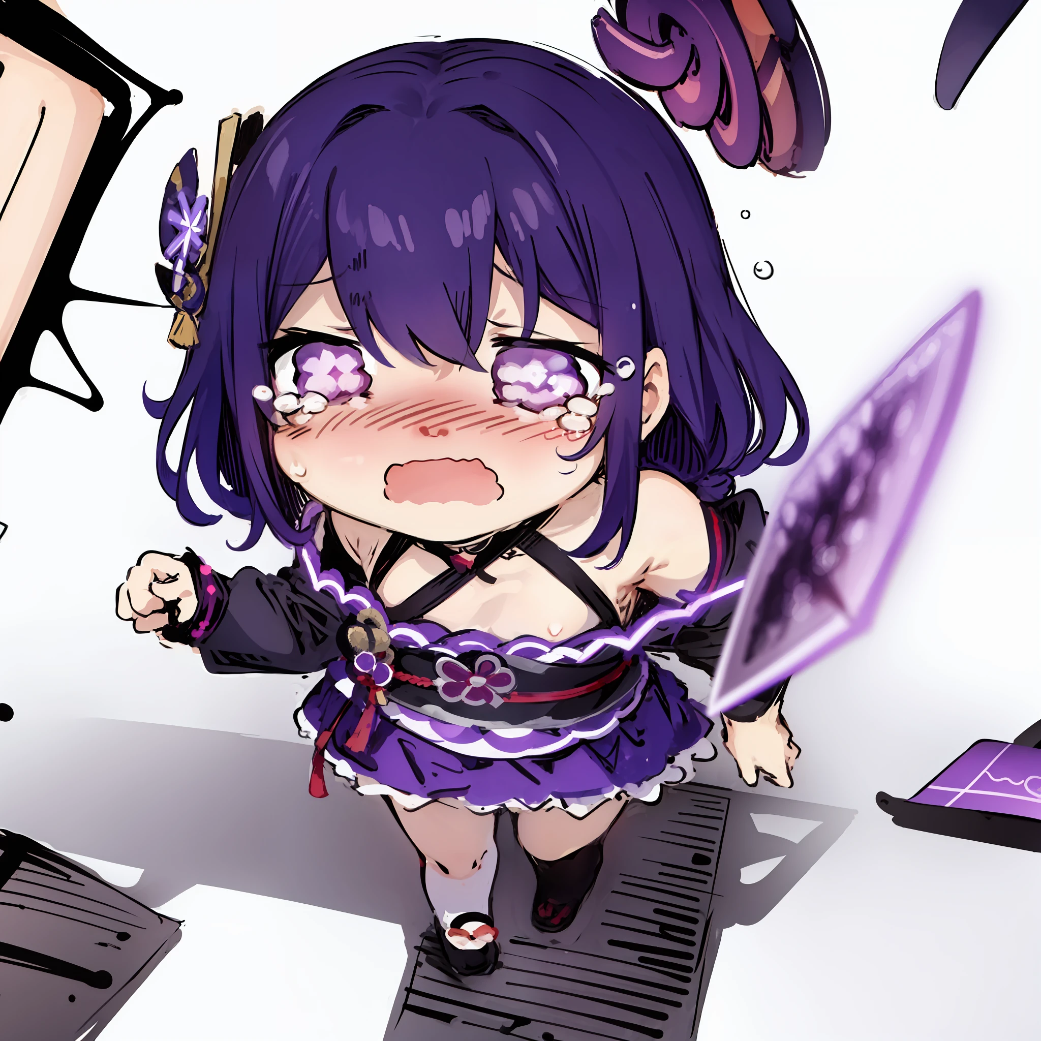 chibi, 1girl, sketch, solo, dark purple hair, raiden shogun, sobbing, white background