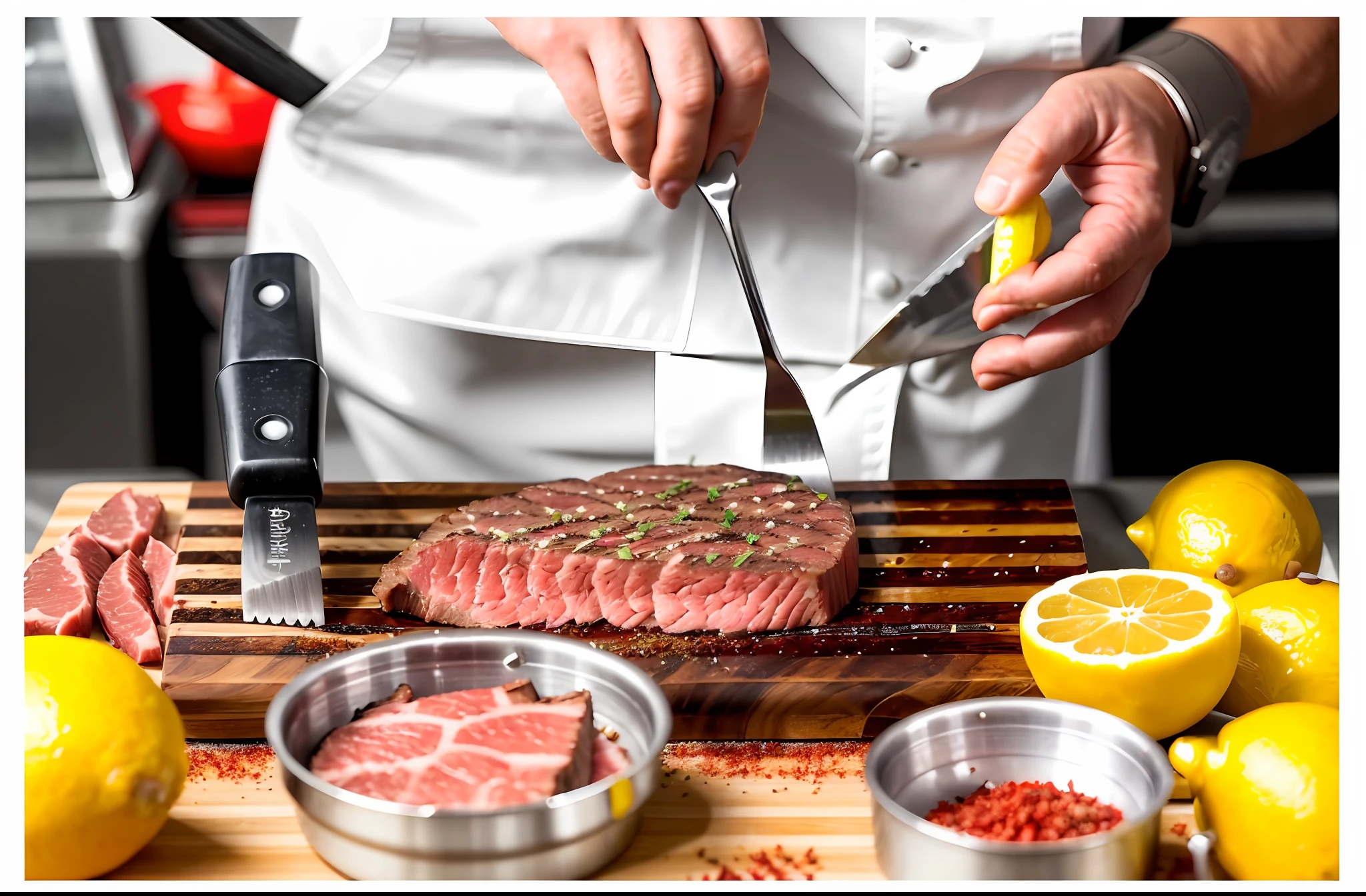 someone is preparing a steak on a cutting board with lemons and spices, ground red meat, gourmet cooking, eating meat, red meat shreds, meat, filleting technique, closeup of a butcher working, commercial product photography, food particles, commercial shot, beef, cooking show, cooking, fine dining, juicy meat, professional product photo, chef table, butcher