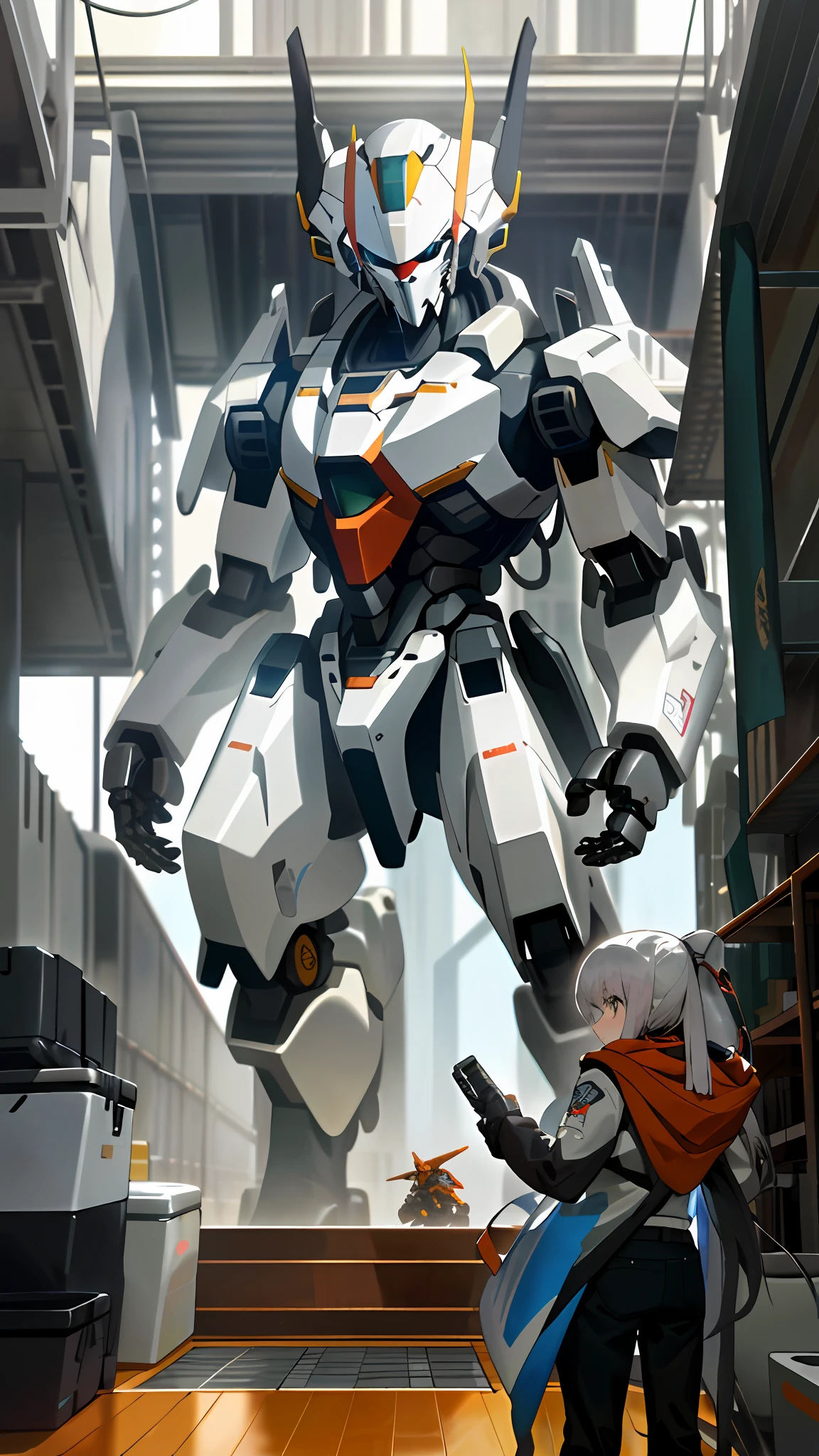 (Extreme detail depiction, super high image quality performance) The Alafard robot stands side by side with people in the warehouse, (silver white: 1.1, mecha: 1.2 + mecha appearance: 1.2), next to Alexander Ferra white mecha, Alexander Ferra mecha, and painting humanoid mecha, Voitek Foss, (giant mech: 1.3 + Greg Rutkowski: 1.1 + Krenc Kusaud: 1.1), mecha atmosphere.