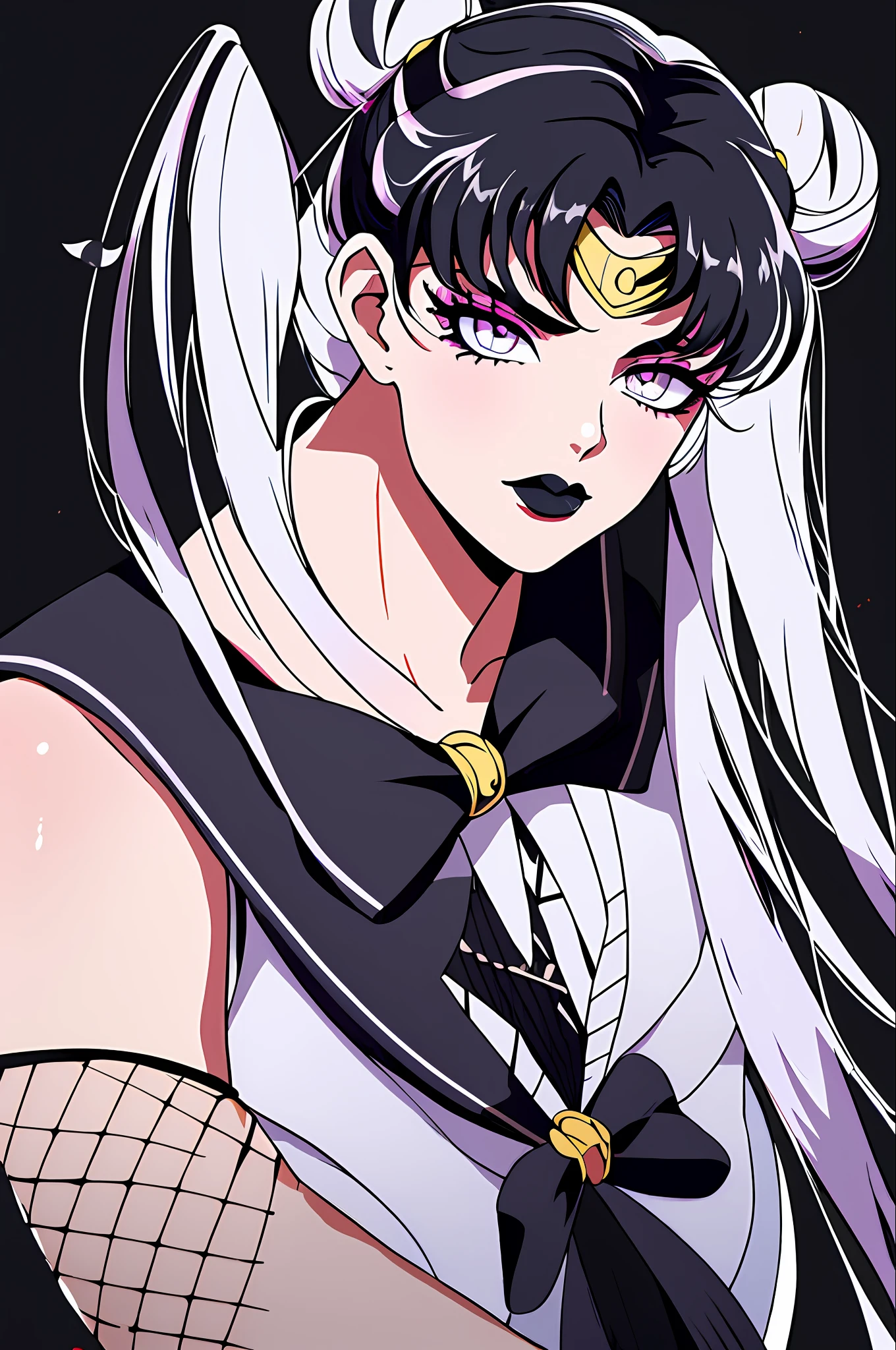 masterpiece, best quality,  1girl, gothic, black lips, solo, black hair, makeup, twin tails, hair buns, sailor moon, multicolored hair, white hair, bangs, eyeshadow, cross, hair bow, bow, lipstick, two-tone hair,  fishnets, mascara, black background, hair ornament, (Genshin Impact)