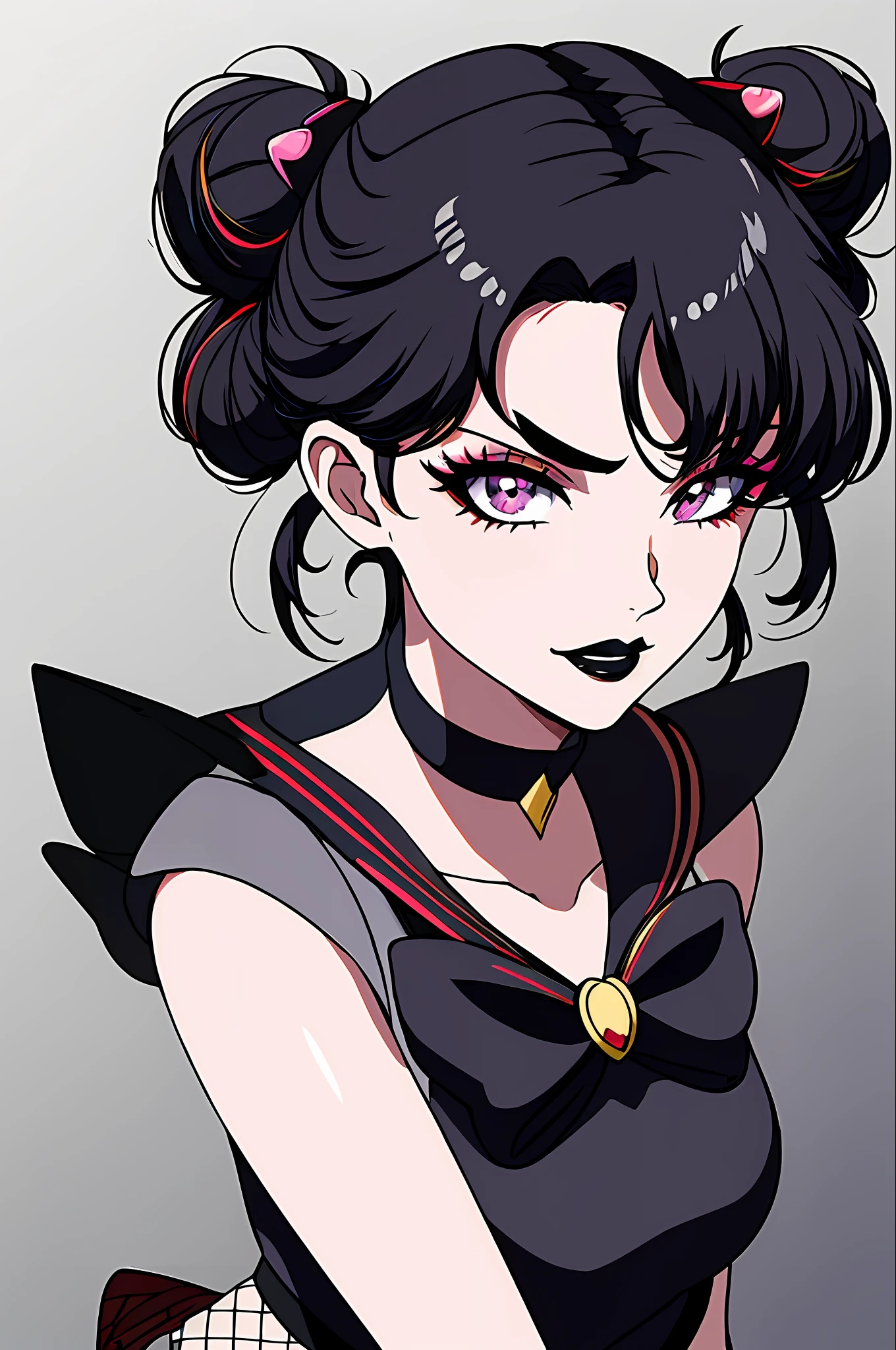 masterpiece, best quality,  1girl, gothic, black lips, solo, black hair, makeup, twin tails, hair buns, sailor moon, multicolored hair, white hair, bangs, eyeshadow, cross, hair bow, bow, lipstick, two-tone hair,  fishnets, mascara, black background, hair ornament, (Genshin Impact)