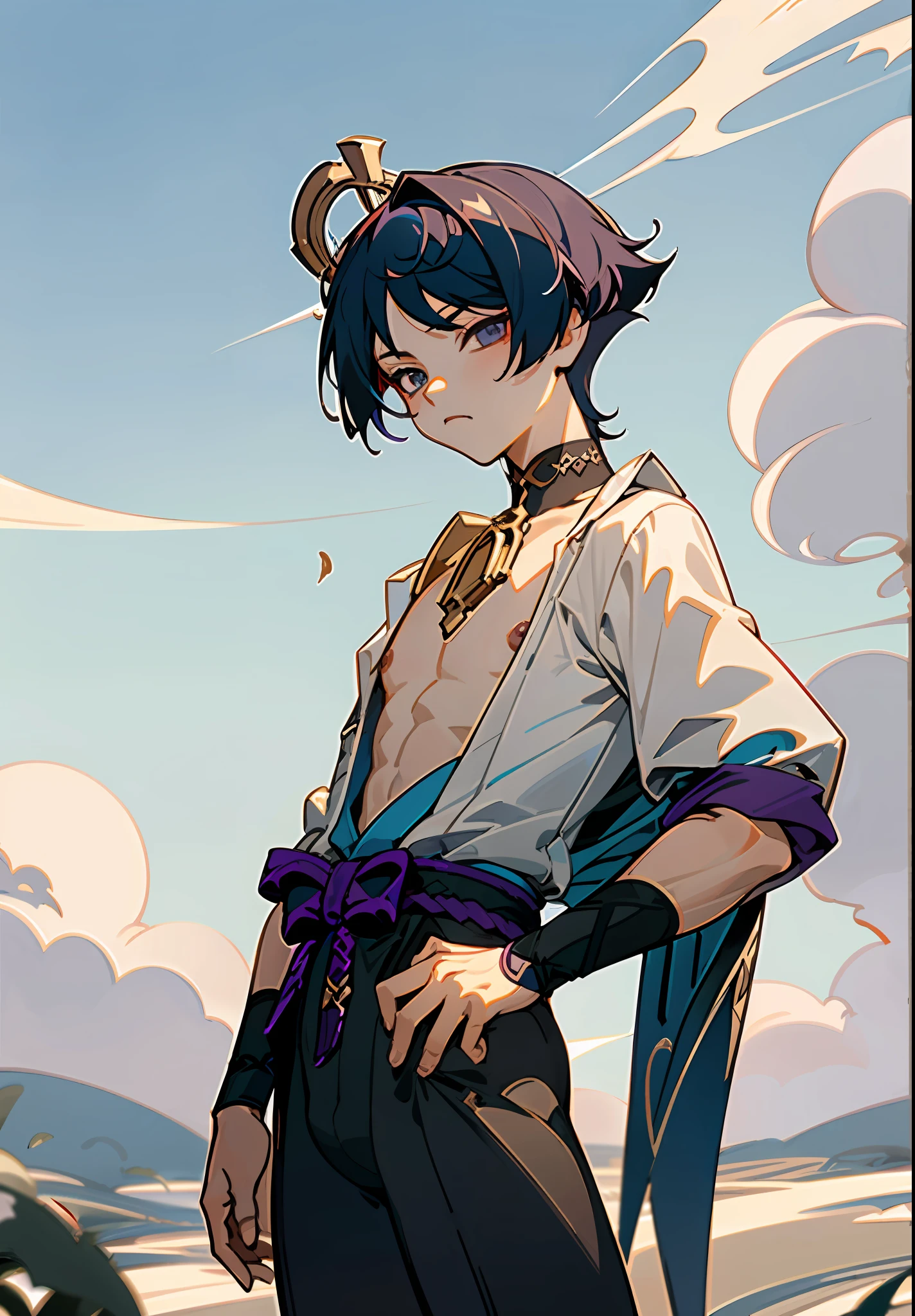 masterpiece, best quality, scaramouche (genshin impact), nude, ((without top shirt)), 1boy, male focus, solo, outdoors, cloud, standing, leaves, sky, hand wearing tiara, vest, (kbxll: 0.5)