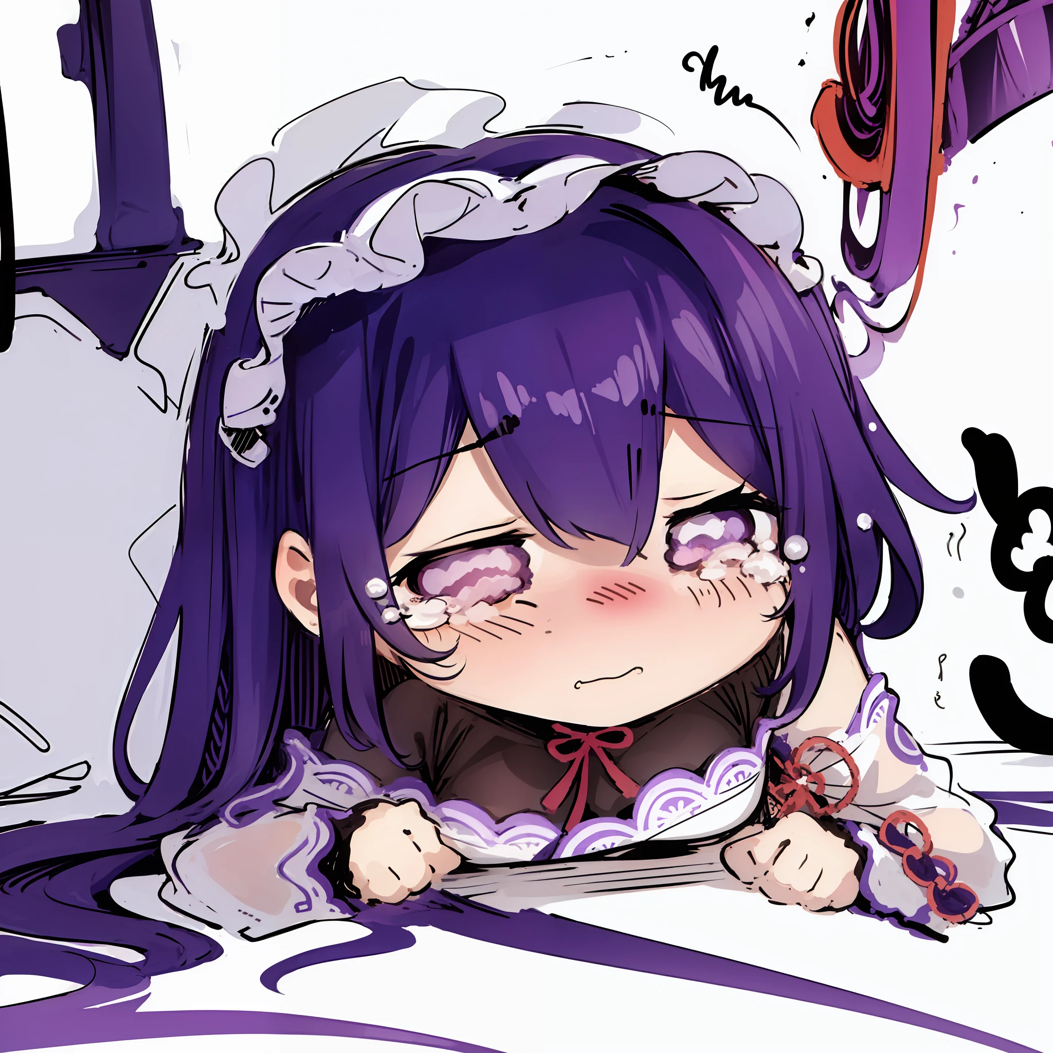 chibi, 1girl, sketch, solo, dark purple hair, raiden shogun, sobbing, white background
