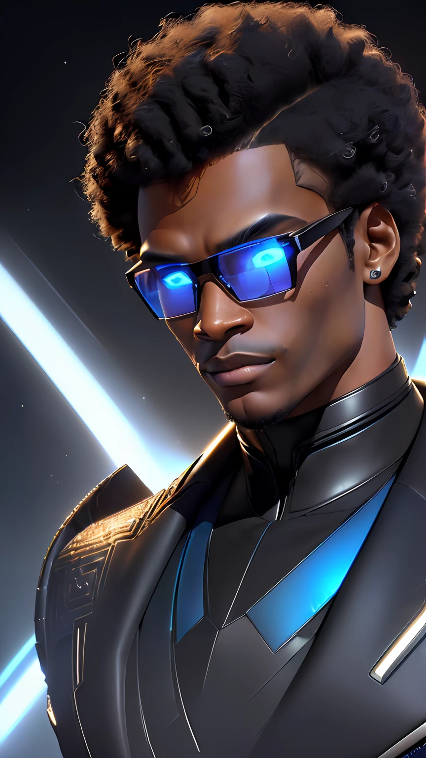 ((3D, best quality: 1.3)), ultra-detailed, SK, ((((solo))), close-up of an Afro-futuristic man, wearing social, black suit overcoat, (short hair; 1.15), (well-defined symmetrical face, evil expression: 1.12), transparent glasses, warm and soft luminosity, motion blur, magnificent blue sky,