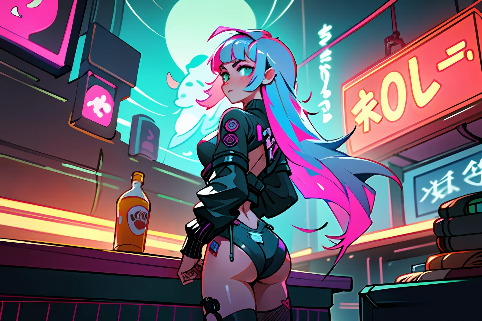 (best quality, masterpiece), 1girl, holo jacket, cyberpunk, neon, fog, (cartoon: 1.5), sexy, thong, big breast, tight, small, small, neon signs, ramen shop, fishnet very low, transparent, very long hair, from the back, ass, bubble butt, huge tits, big breast, big cleavage