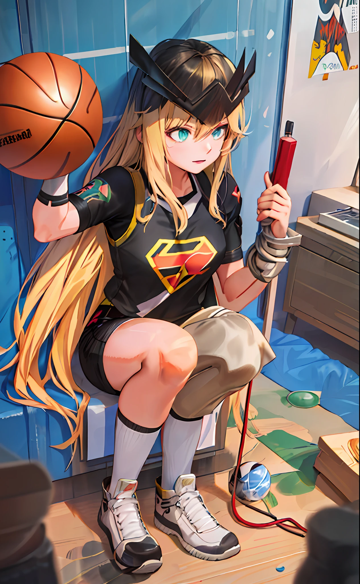 Magik (long blond hair with bangs, green eyes, superheroine, toned body)holding a basketball in your right hand, realistic anime artstyle, soft anime cg art, painted in anime painter studio, high quality anime artstyle, wearing basketball shirt, made with anime painter studio, guweiz style art, realistic 3d style anime, Digital anime illustration, semi-realistic anime style.