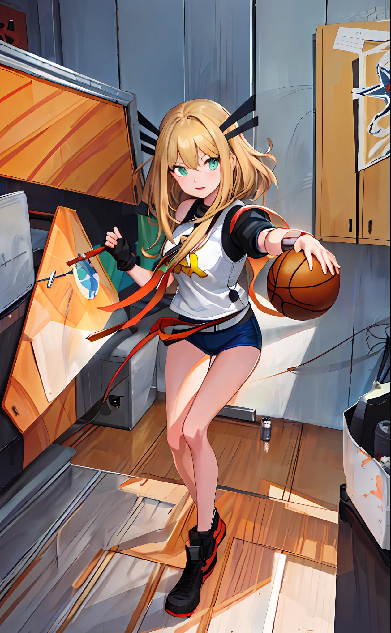 Magik (long blond hair with bangs, green eyes, superheroine, toned body)holding a basketball in your right hand, realistic anime artstyle, soft anime cg art, painted in anime painter studio, high quality anime artstyle, wearing basketball shirt, made with anime painter studio, guweiz style art, realistic 3d style anime, Digital anime illustration, semi-realistic anime style.