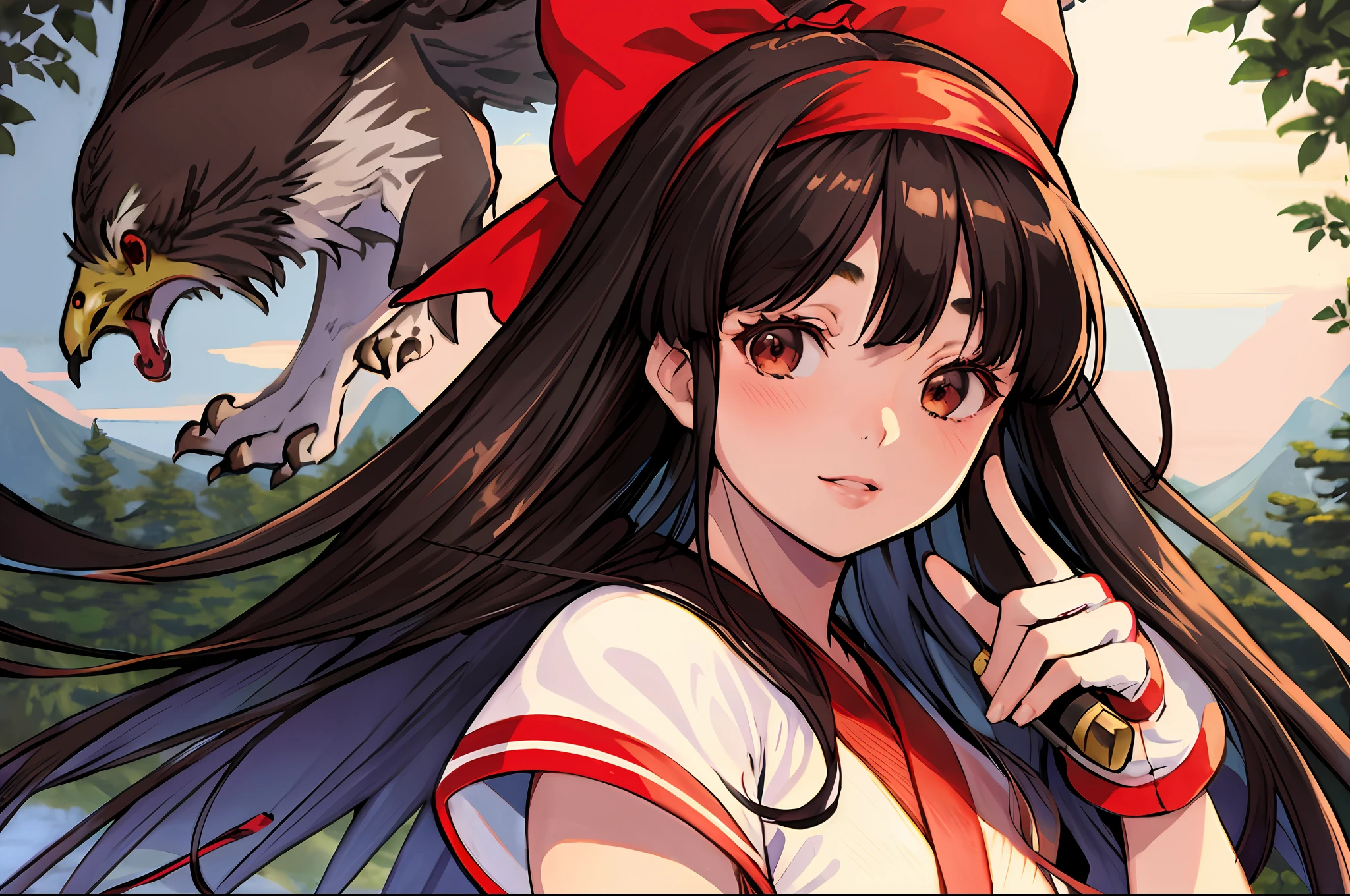 masterpiece, best quality,1girl, red bow, bow, long hair, hair bow, ainu clothes, solo, hairband, bird, black hair, fingerless gloves, short sleeves, gloves, sash, pants, bangs, red hairband, weapon, breasts, brown eyes, white pants, japanese clothes, nakoruru, light smile, officials art, good composition, official pose, detailed portrait, portrait, bokeh, forest with river, sun behind back, pencil style, traditional brush, samurai, onmyoji style, high resolution, dramatic lighting and shadow, sun flared, blurry foreground, blood plashing around, looking at viewer,