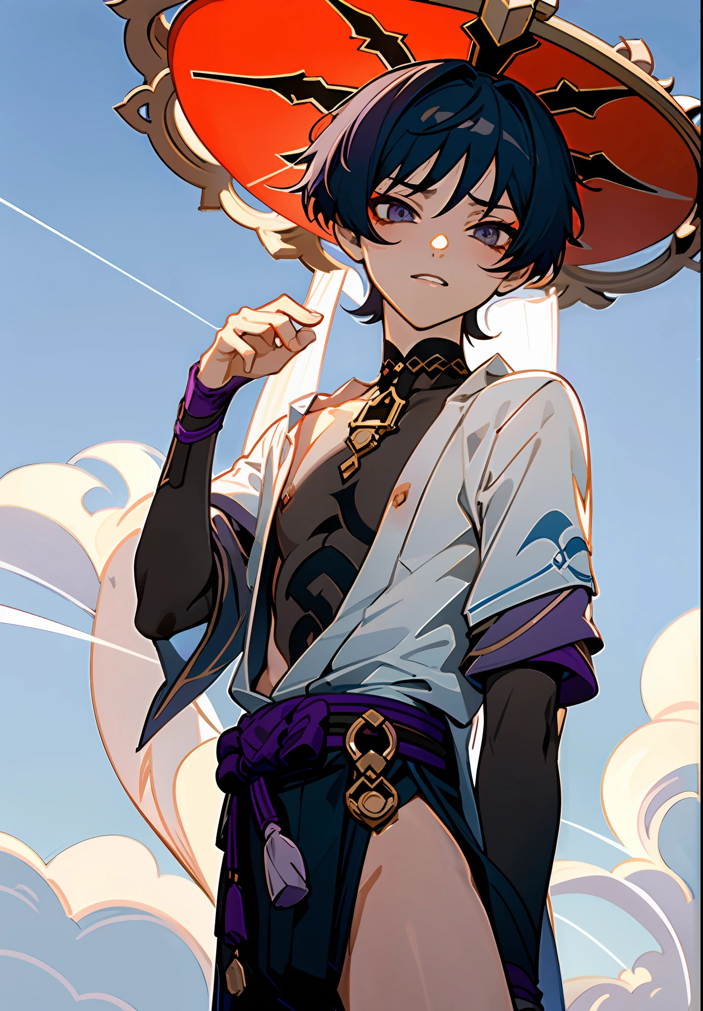 masterpiece, best quality, scaramouche (genshin impact), nude, ((without top shirt)), 1boy, male focus, solo, outdoors, sky, nsfw, without clothes