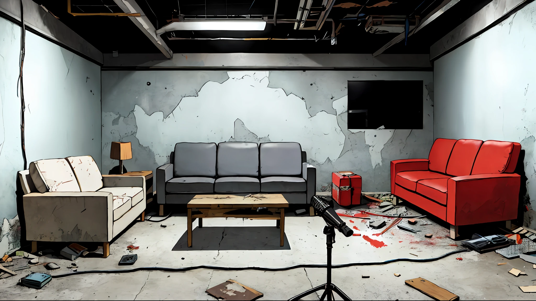concrete wall, basement, abandoned, 1 broken sofa 1 rapper recording in a studio