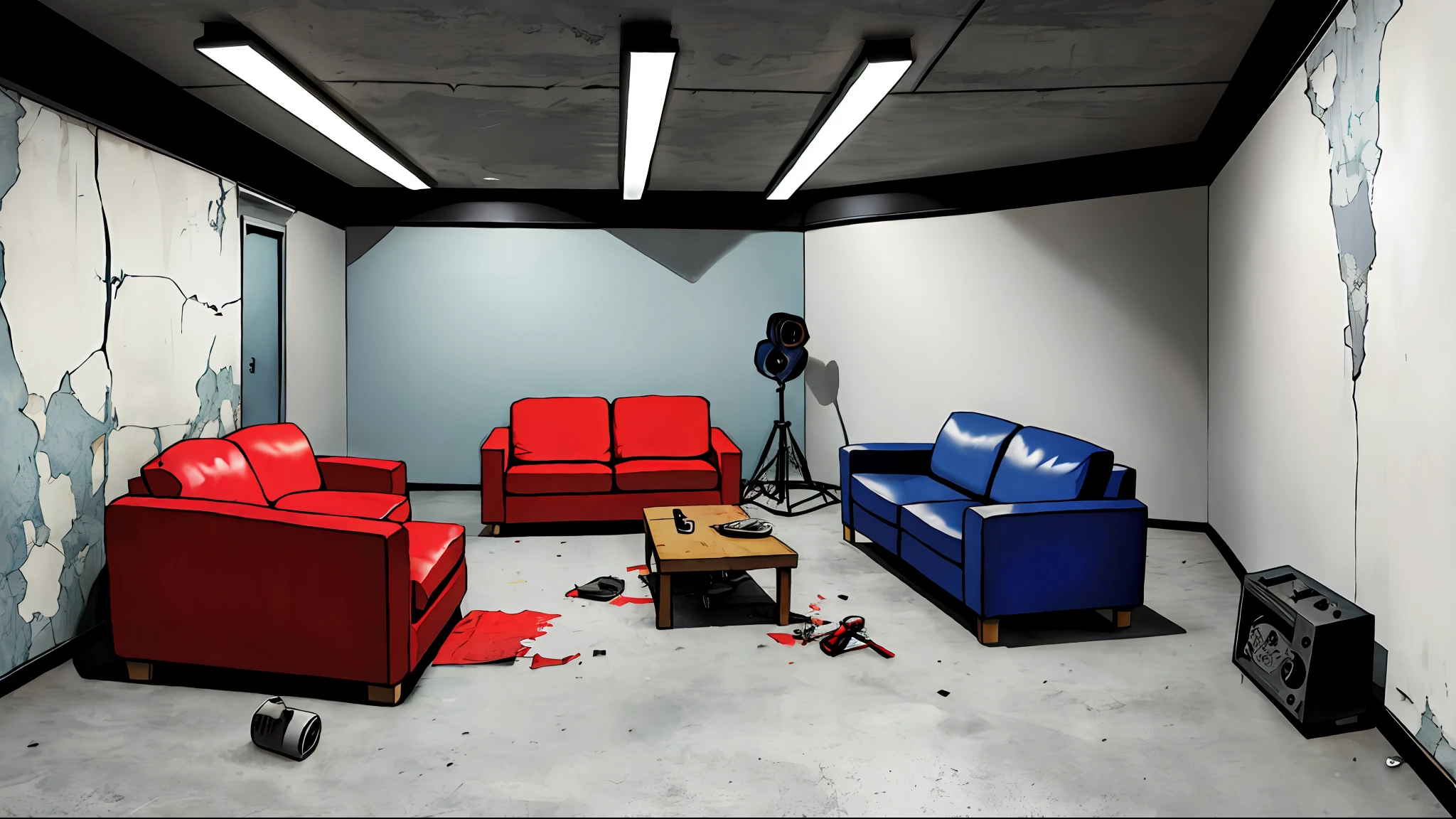 concrete wall, basement, abandoned, 1 broken sofa 1 rapper recording in a studio