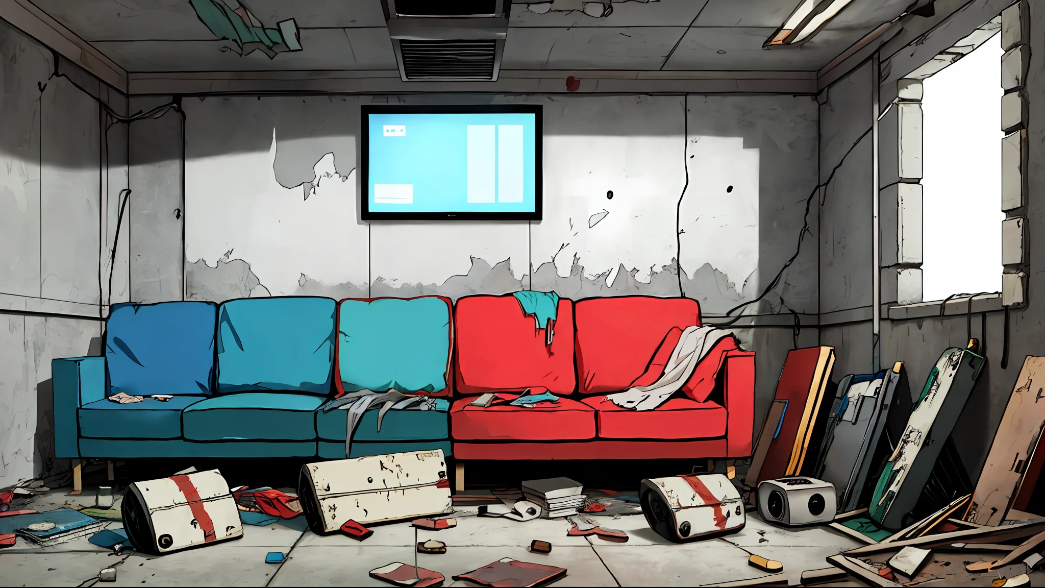 concrete wall, basement, abandoned, 1 broken sofa 1 rapper recording in a studio
