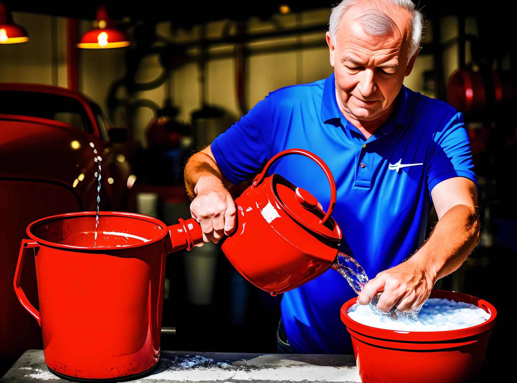 arafed man pouring a gallon of water into a red pot, headlight washer, facebook photo, old charismatic mechanic, wonderful scene, holding a battery, photo shot, by Sam Black, photo taken with provia, by Joe Sorren, wow it is beautiful, by Matt Cavotta, fine art piece, facebook post, contest winning masterpiece