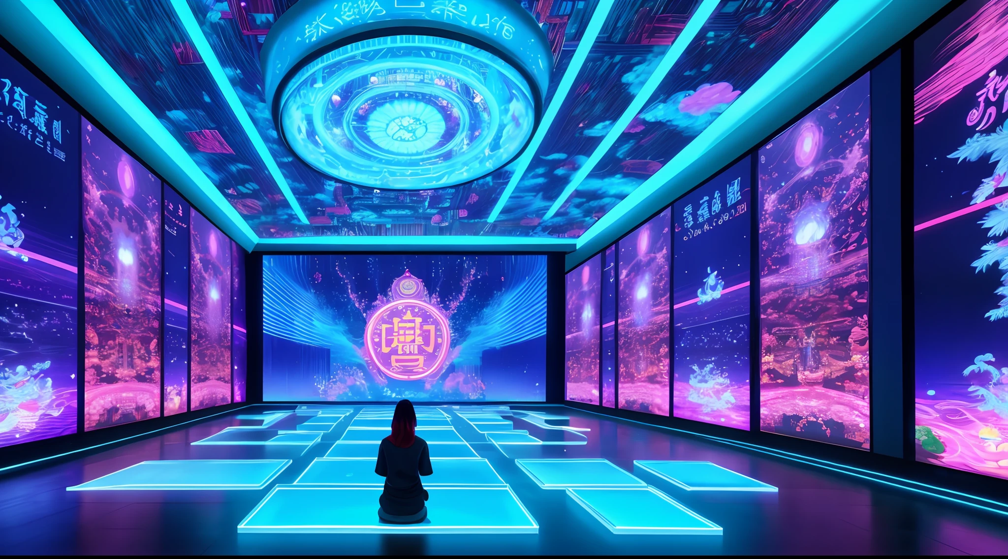 a Chinese gods kingdom and exhibition hall, designed by teamlab, many LED screen with Chinese gods , 12 serve gods on the LED screen,a hologram neon road on the floor,interactive and immersive,ghost in the shell, hologram screen in the middle with a transparent digital female god named mazu on it, digital interactive avatar, mix with some China female god mazu culture , 1:1 hologram virtual human in the space, projectors on the top roof, bright,  8k, high detail, octane render, hyper-realistic, 8k, 4k, unreal engine