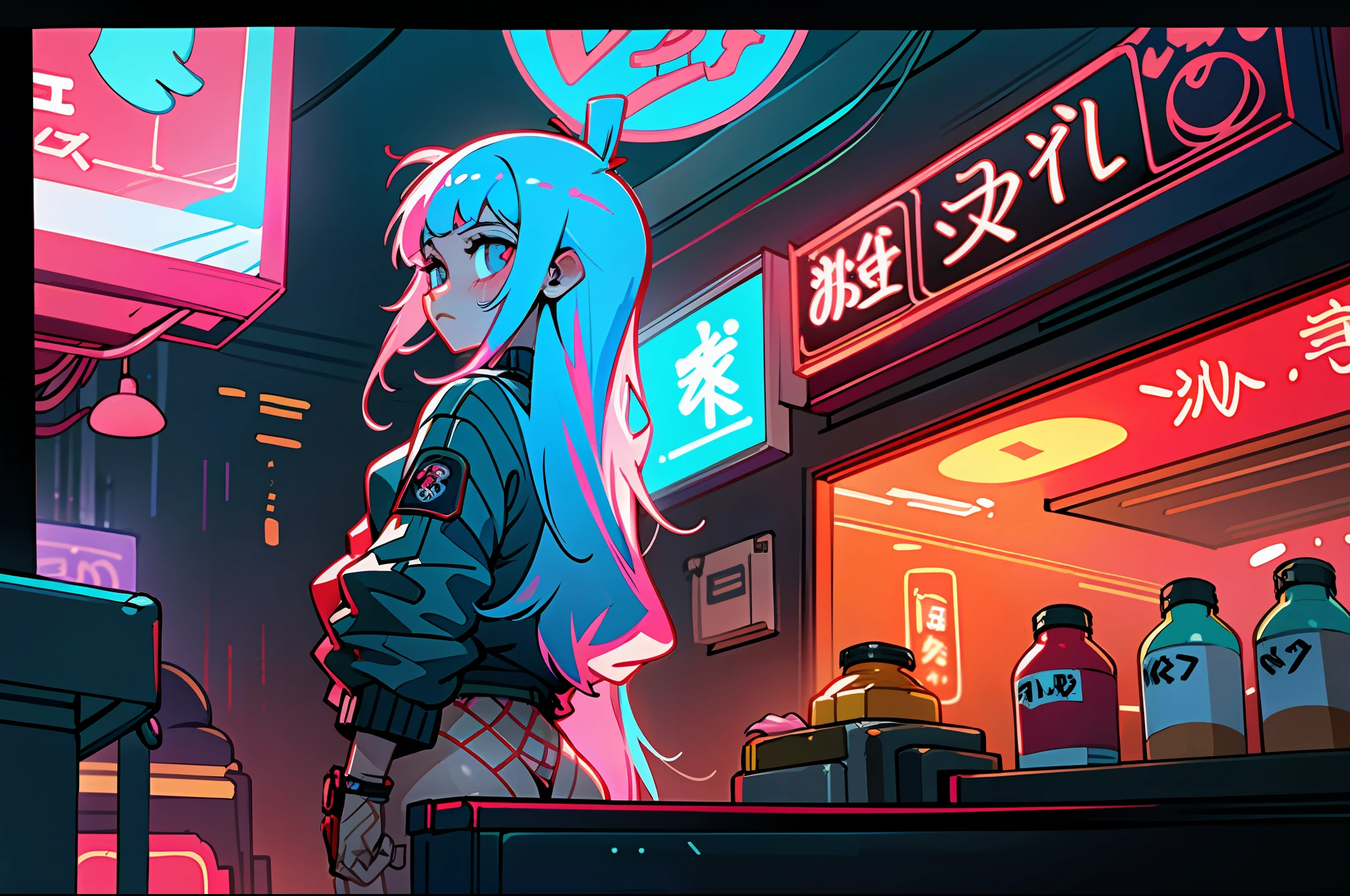 (best quality, masterpiece), 1girl, holo jacket, cyberpunk, neon, fog, (cartoon: 1.5), thong, tight, small, neon signs, ramen shop, fishnet very low, transparent, very long hair, from the back,