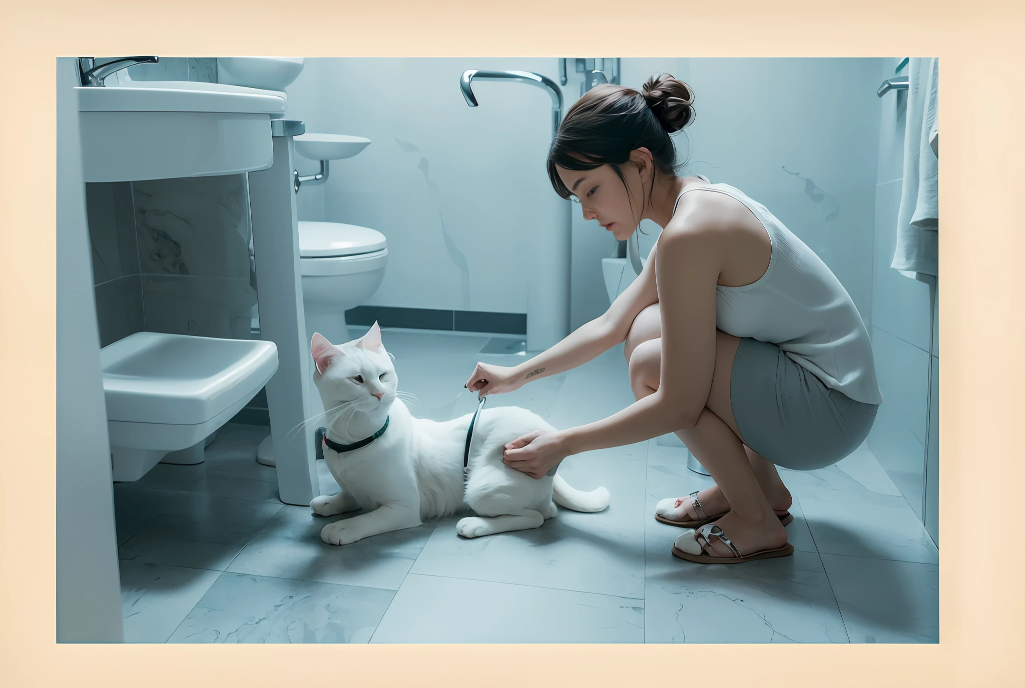 there is a woman kneeling down to feed a cat, [ realistic photo ]!!, petting a cat, woman and cat, there is full bedpan next to him, neko, tiny, illustration!, very clear picture, cat drinking milk, ad image, curious, profile pic, illustration:.4, at home, illustration], clean image, pets, awww