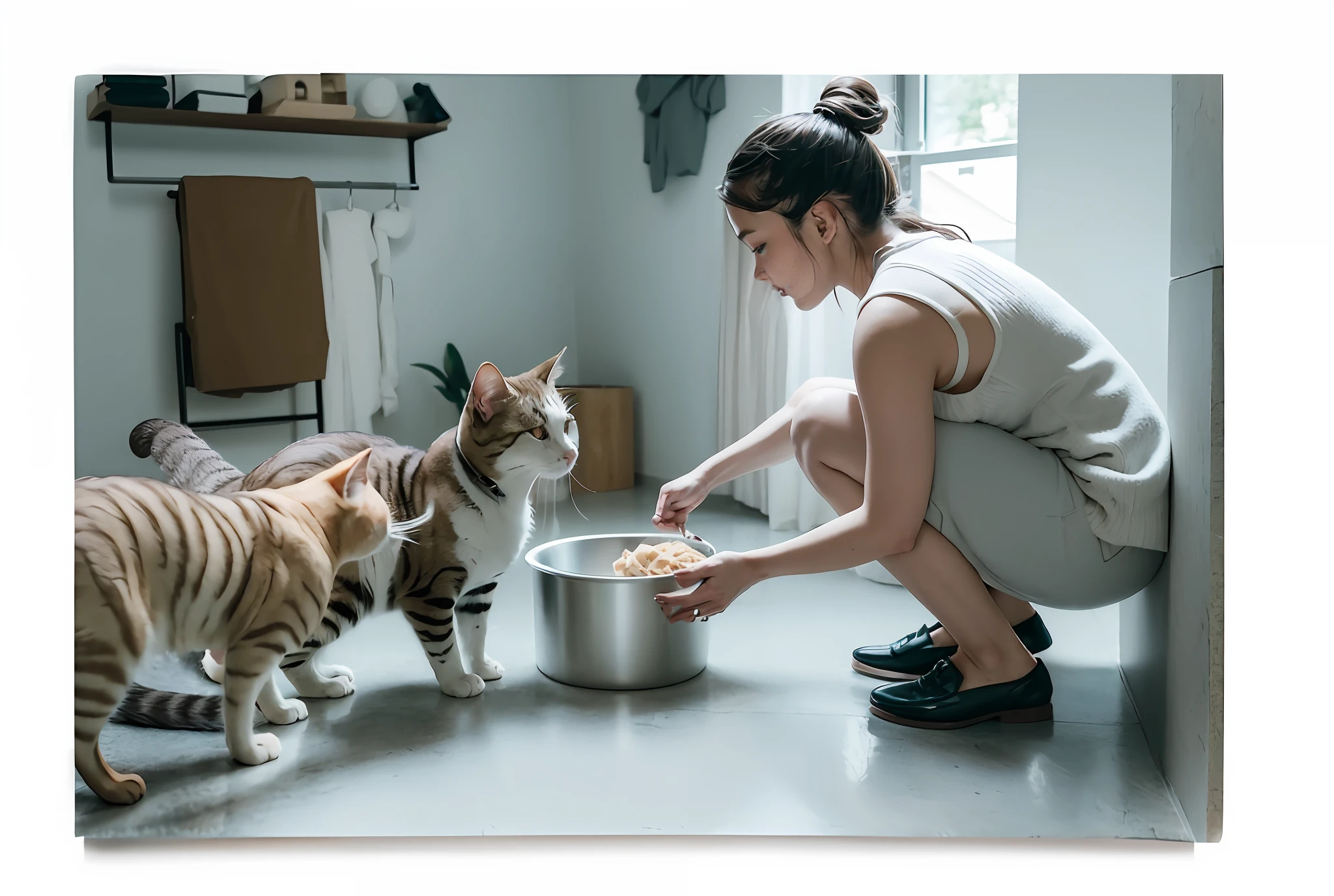 there is a woman kneeling down to feed a cat, [ realistic photo ]!!, petting a cat, woman and cat, there is full bedpan next to him, neko, tiny, illustration!, very clear picture, cat drinking milk, ad image, curious, profile pic, illustration:.4, at home, illustration], clean image, pets, awww