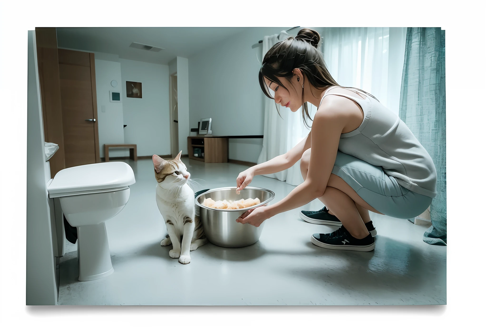 there is a woman kneeling down to feed a cat, [ realistic photo ]!!, petting a cat, woman and cat, there is full bedpan next to him, neko, tiny, illustration!, very clear picture, cat drinking milk, ad image, curious, profile pic, illustration:.4, at home, illustration], clean image, pets, awww