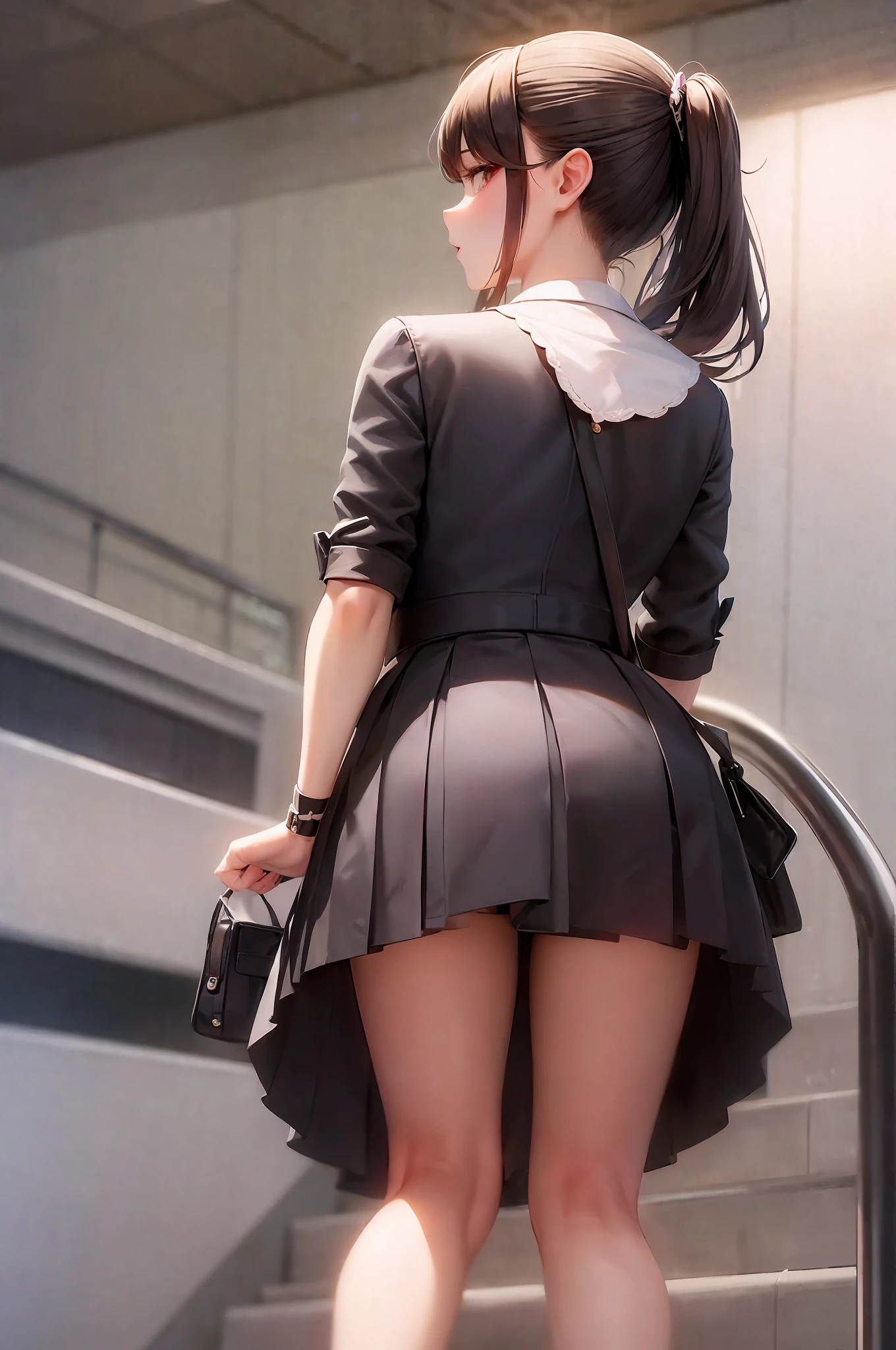 Elegant woman, bow hairpin, on the escalator, ((back to the camera)), wearing honey-themed miniskirt, beautiful short skirt, short skirt, very sexy dress, miniskirt, popular at cgstation, funny outfit, wearing high socks, pleated miniskirt