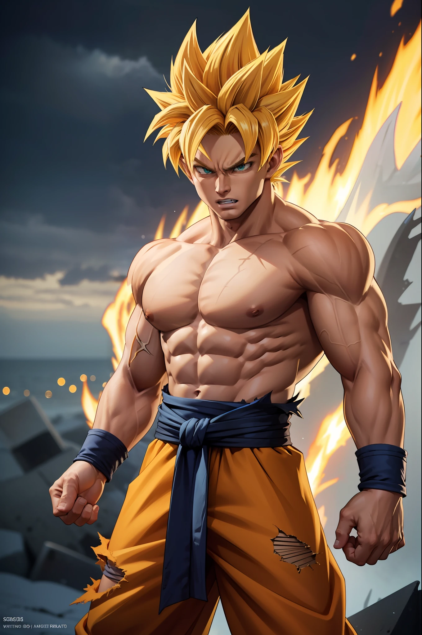 (masterpiece, best quality), intricate details, 8k, artstation, wallpaper, official art, splash art, storm in background, sharp focus, 1boy, (photorealistic:1.2) (bokeh) (best quality) (detailed skin:1.3) (intricate details) (8k) (detailed eyes) (sharp focus) son goku, angry, battle damage, blonde hair, blue sash, clenched teeth, furious, green eyes, male focus, muscular, muscular male, pectorals, sash, solo, spiked hair, super saiyan, super saiyan 1, teeth, topless male, torn clothes, wristband,