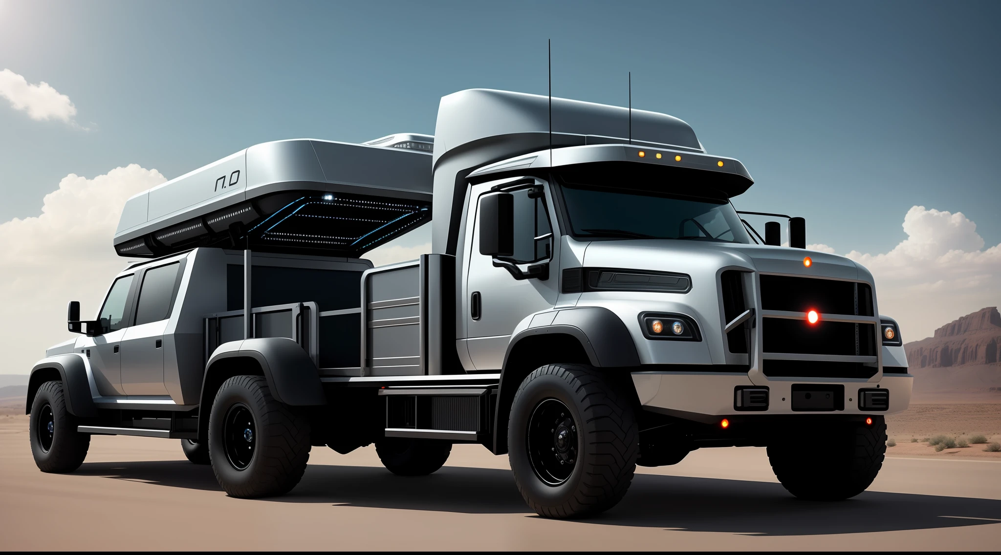 Futuristic truck with various accessories, long trailer carrying alien ship (intricate details), hdr, (intricate details, hyperdetailed:1.2), cinematic plan, vignette, centered