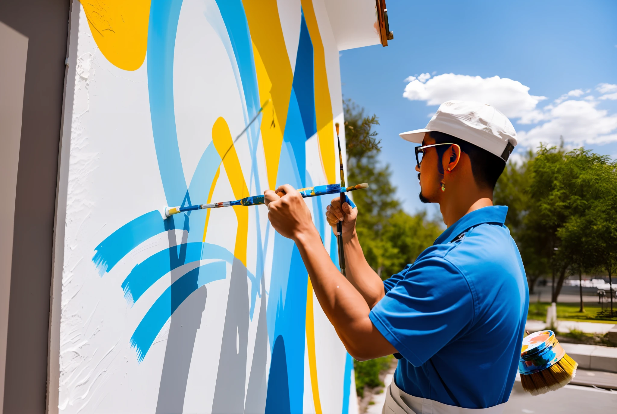 A man painting a wall with a brush, painting, photography, masterpiece, highest quality, soft light, daytime, outdoors,