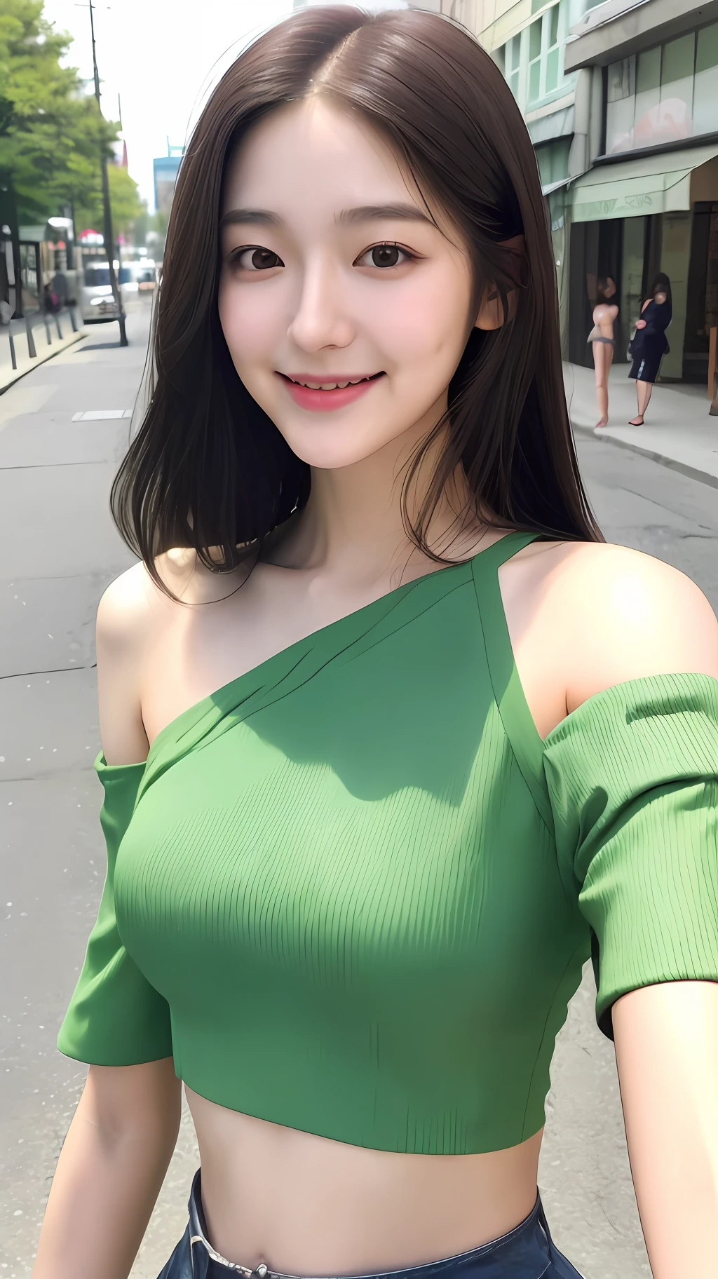 realistic photos of (1 cute Korean star) Shoulder-length hair, thin makeup, medium breasts size, slightly smile, green crop top, selfie, at the street, clear facial features, RAW photo, masterpiece, 8K, high resolution, sharp and realistic details.