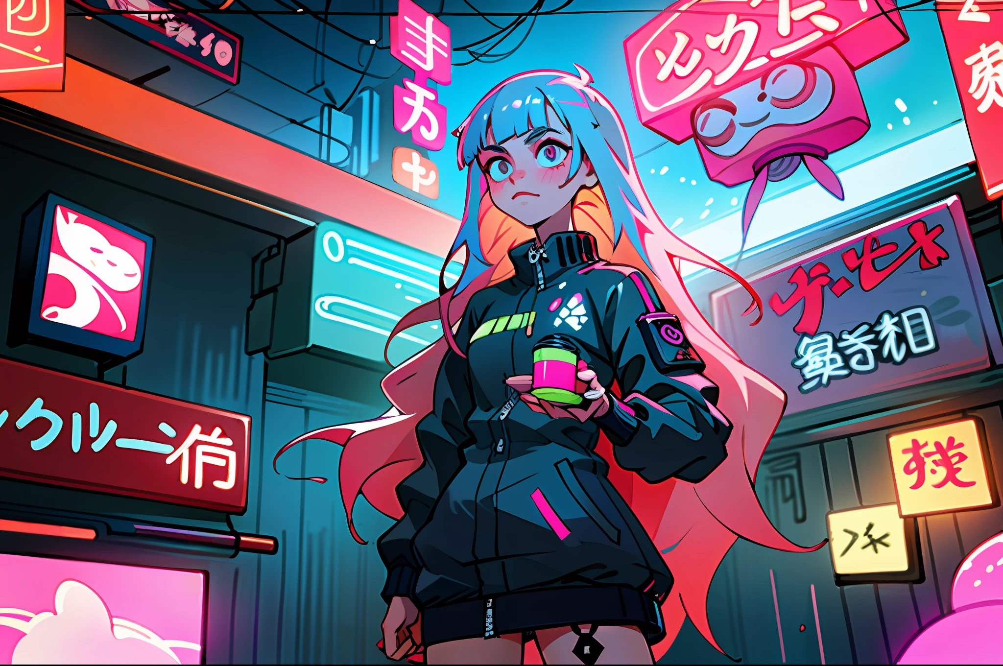 (best quality, masterpiece), 1girl, holo jacket, cyberpunk, neon, fog, (cartoon: 1.5), thong, tight, small, neon signs, ramen shop, fishnet stockings very low, transparent, very long hair,