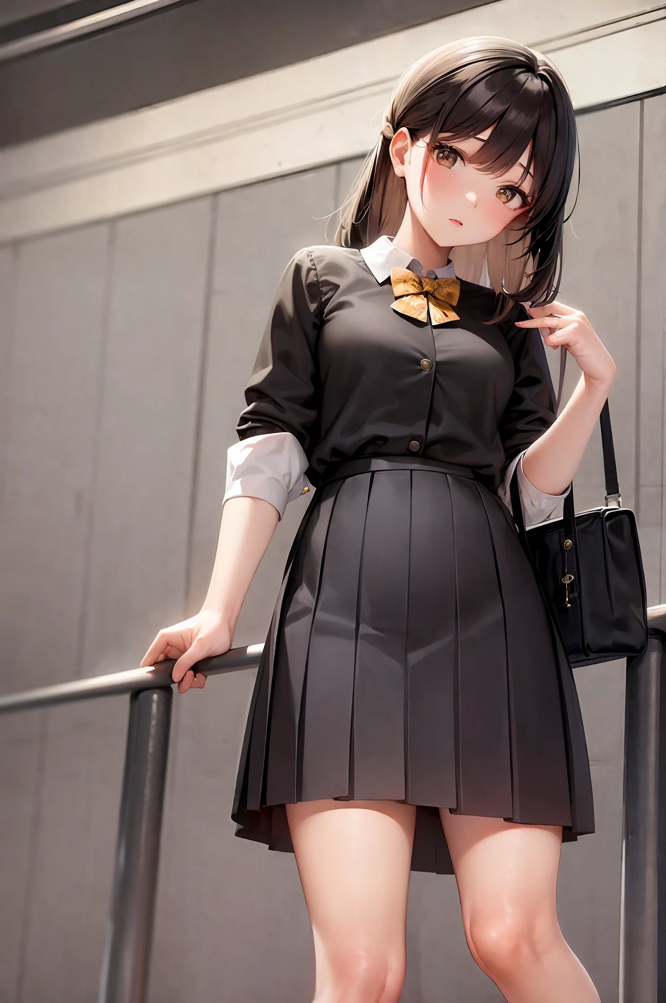 Elegant woman, bow hairpin, on the escalator, ((back to the camera)), wearing honey-themed miniskirt, beautiful short skirt, short skirt, very sexy dress, miniskirt, popular at cgstation, funny outfit, wearing high socks, pleated miniskirt