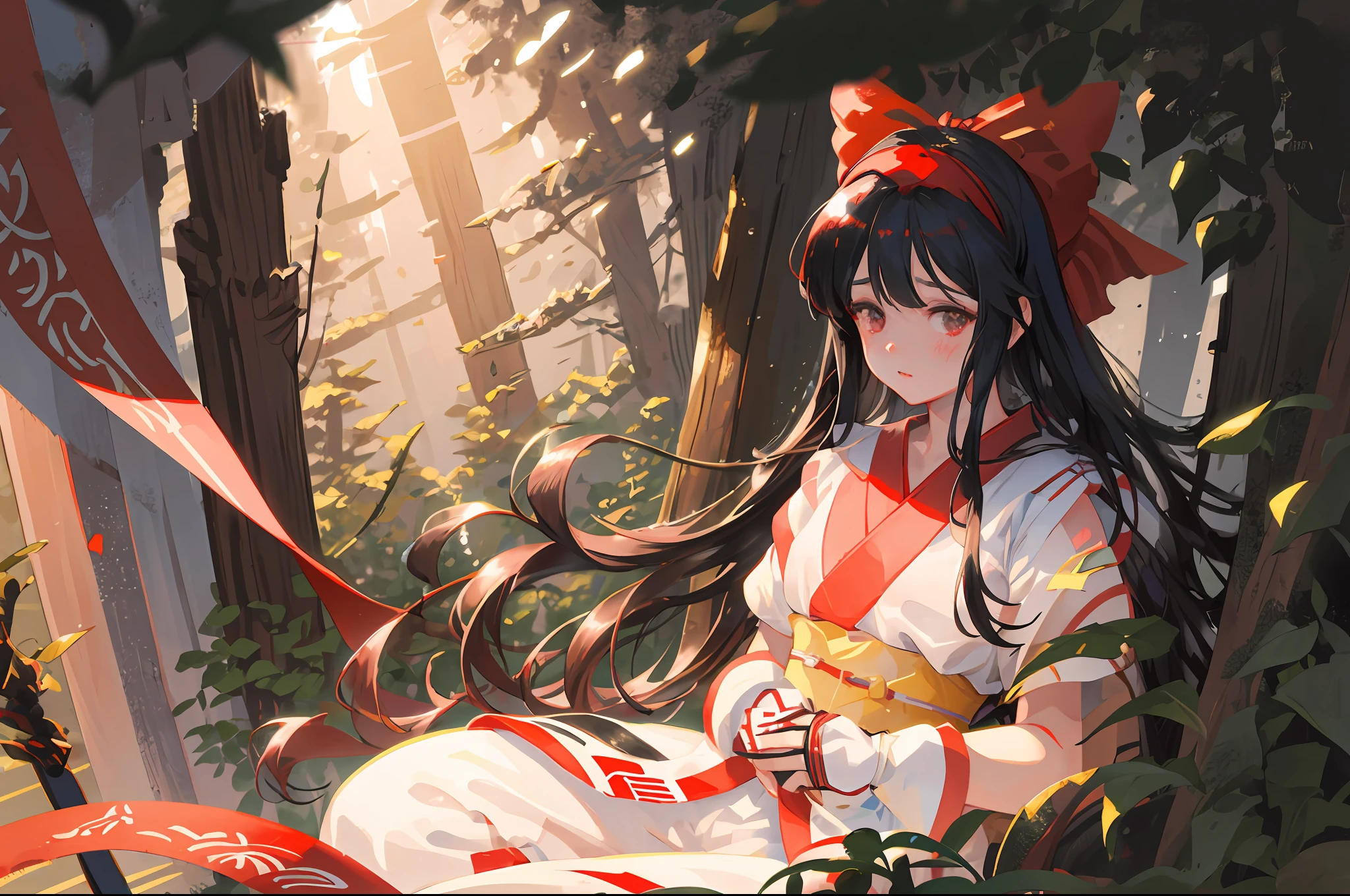 masterpiece, best quality,1girl, red bow, bow, long hair, hair bow, ainu clothes, solo, hairband, black hair, fingerless gloves, short sleeves, gloves, sash, pants, bangs, red hairband, weapon, breasts, brown eyes, white pants, japanese clothes, nakoruru, light smile, officials art, good composition, official pose, detailed portrait, portrait, bokeh, forest with river, sun behind back, pencil style, traditional brush, samurai, onmyoji style, high resolution, dramatic lighting and shadow, sun flared, blurry foreground, blood plashing around, looking at viewer,