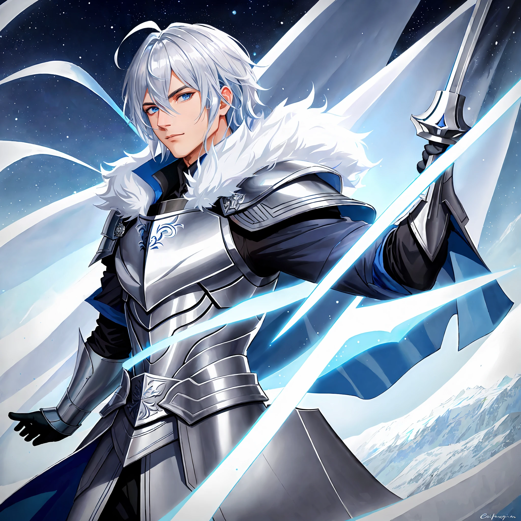 an attractive young man in silver armor with a bright silver curved sword, long indigo robes under the armor with white fur on the edges of the clothes, indigo hood and cape on the shoulders of the armor, cold look, silver hair up to the neck, light blue eyes, ((dynamic angle camera shot))),  dynamic pose, saturated color, Tenebrism style art painting, oil on canvas, ice world background landscape,