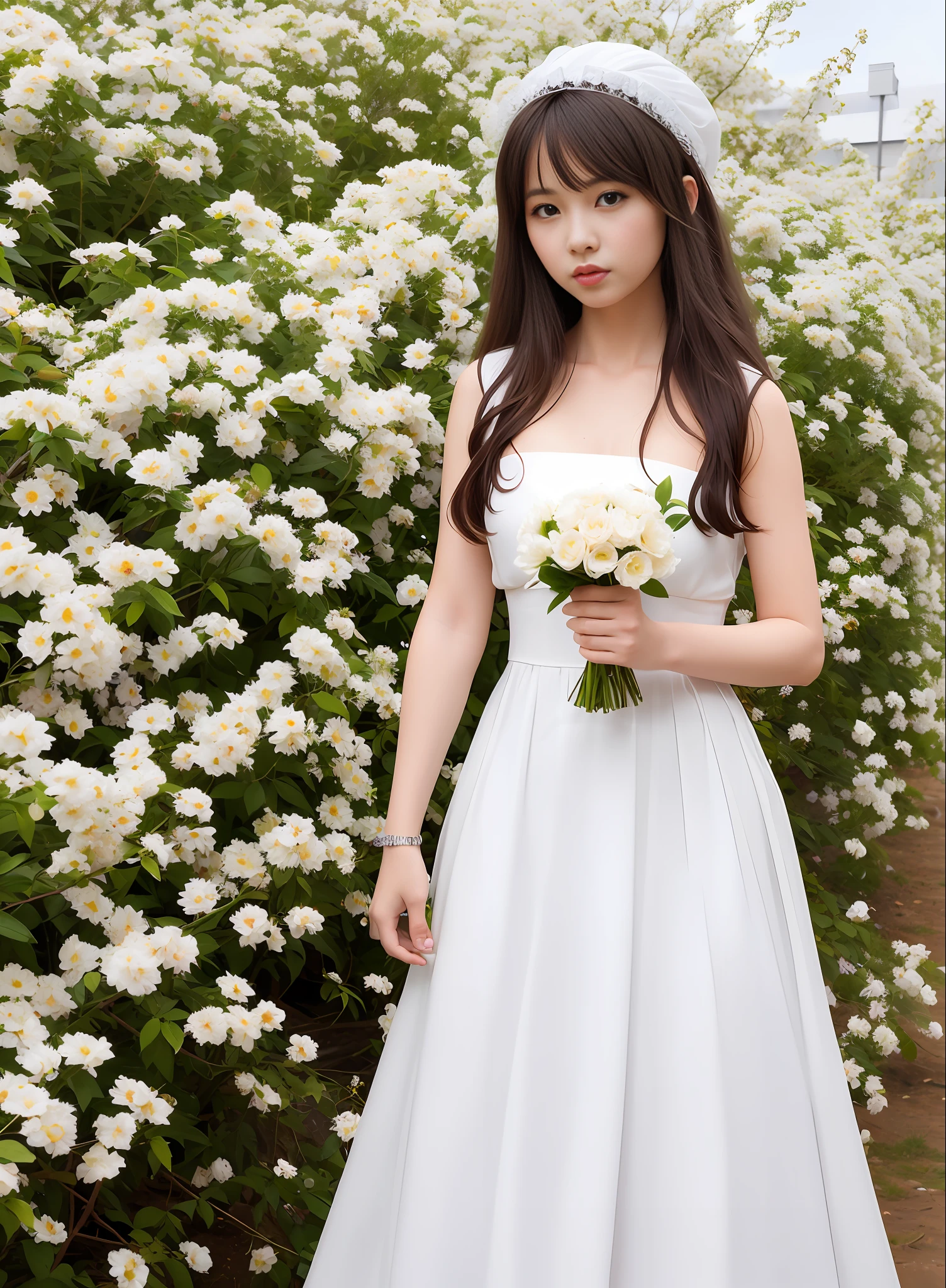 Long haired woman in white dress, (1girl), holding a bouquet of realistic flowers, standing in front of white background. Cute woman wearing silver crown, 4K quality.