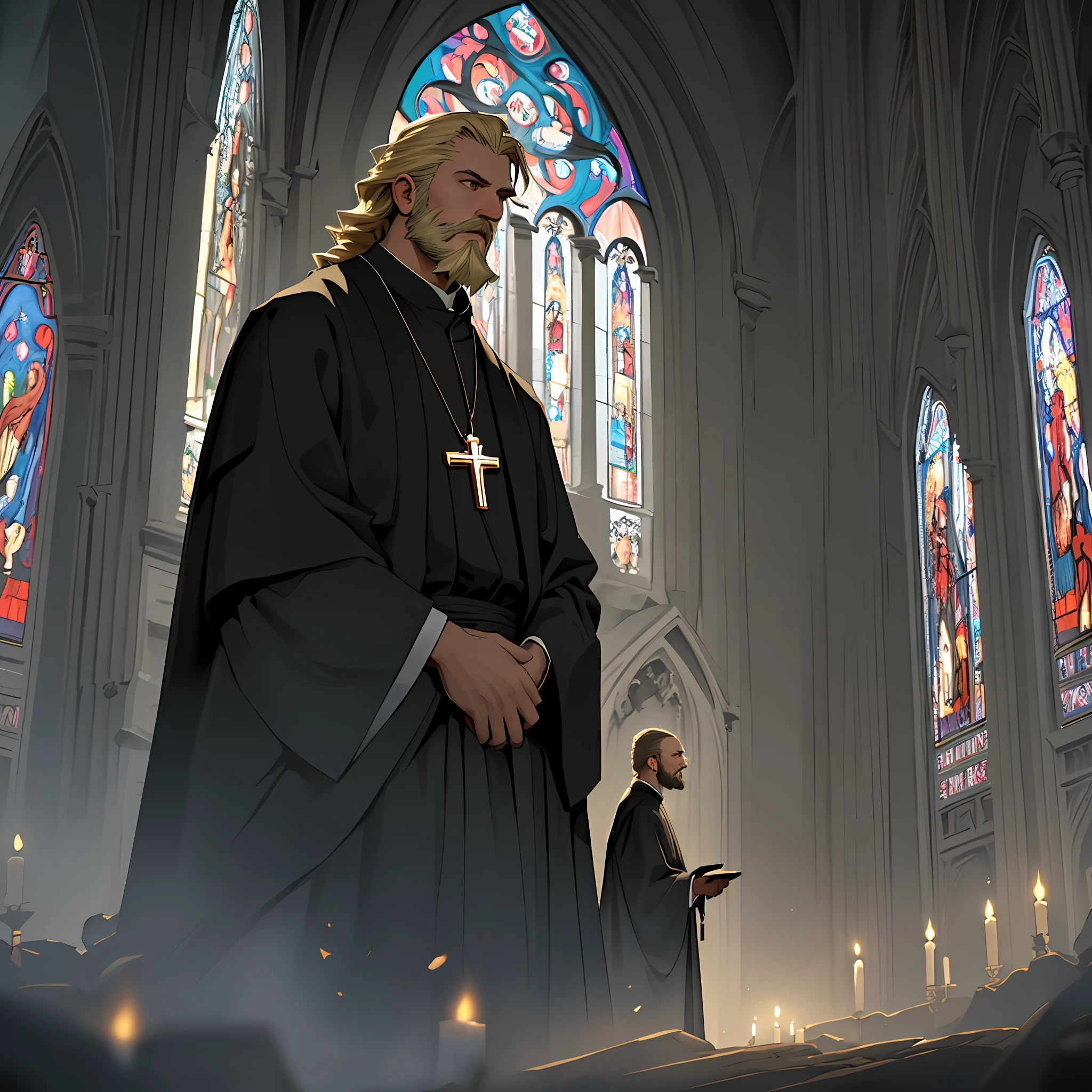 1male, priest, black robes, older, handsome gentleman, beard, blonde hair, cross necklace, religion, church in background, dramatic lighting, cinematic angle, UHD, masterpiece, extremely detailed