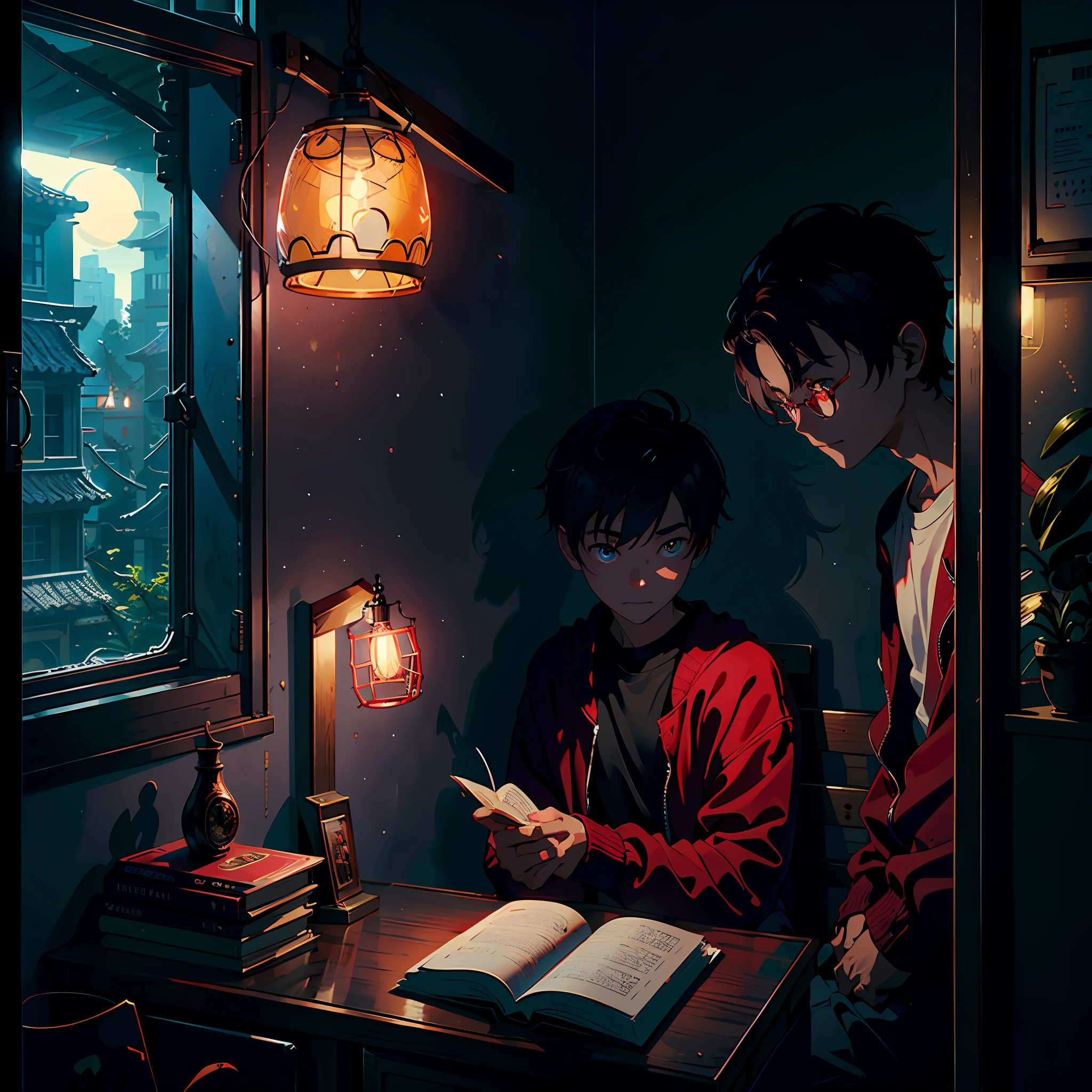 A one man sits on a chair in his room on a small library and red book at night, beside him a small, window through which the moonlight looks at him, color contact lenses, tired, sad smile, high detail, blind box toy style, modern, film grain, UHD, masterpiece, super detail