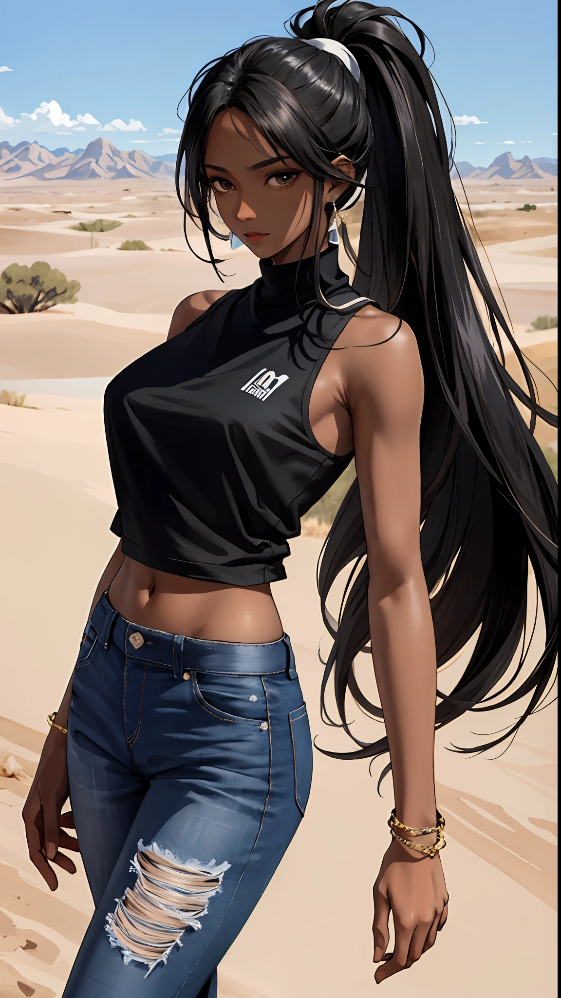 masterpiece, best quality, high definition, 1 tall girl, with dark skin, black eyes, long and voluminous black hair, bandages on right eye, black tank top, women's jeans, full-bodied, cropped sleeveless jacket, in the desert, full body, on a sunny day