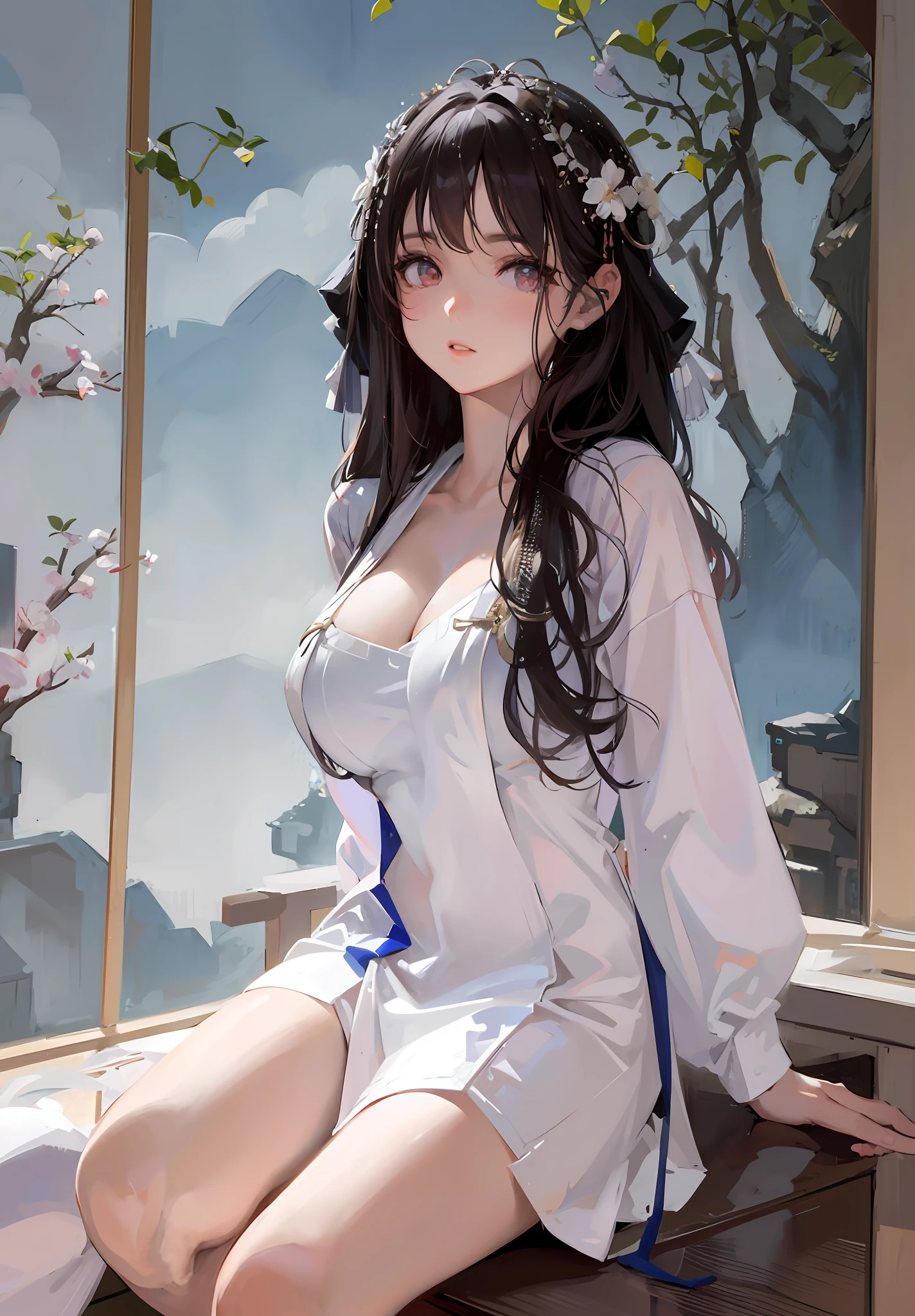 araffe asian woman in white dress sitting on a window sill, white hanfu, full body xianxia, smooth white tight clothes suit, japanese goddess, with acient chinese clothes, long flowing white robe, gorgeous chinese model, trending on cgstation, wearing white silk robe, seductive anime girl, palace ， a girl in hanfu, trending at cgstation