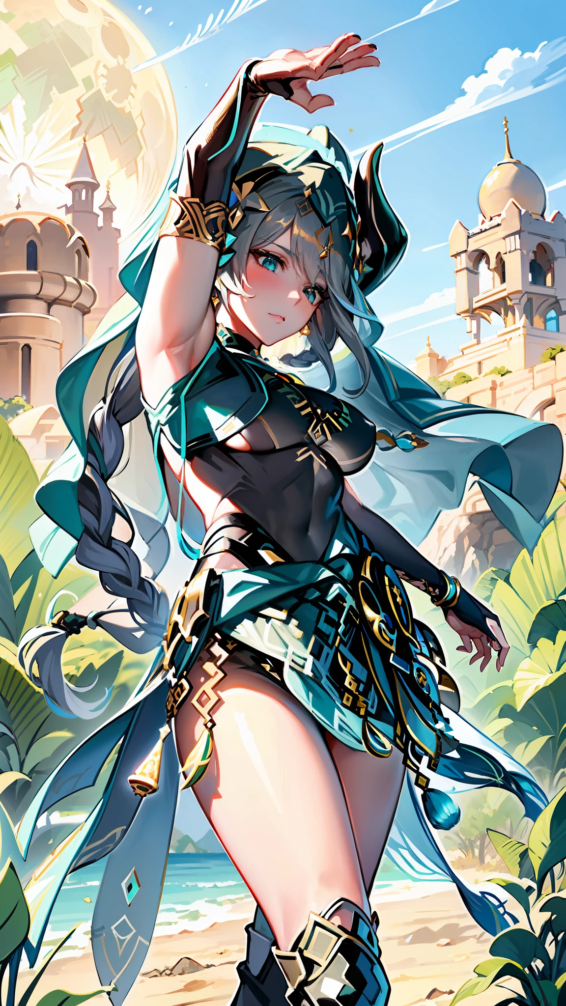 (masterpiece), (extremely detailed background),(extremely detailed faces), (highly detailed),alhaitham\(genshin impact\),1girl, solo, (dancer:1.3), grey hair, turquoise eyes, beautifully detailed eyes, thighs, very long hair, floating hair, bangs over one eye,big breasts, black bra,bare belly, (fake black horns:1.3), outdoor, at night, sky, night sky, moon ,desert, (dancing in the oasis),(single braid:1.3),green skirt, mature woman,veil, elbow gloves , gorgeous, calm face, green headveil, mouth closed, golden head circle, elegant, very long hair, calm Expression, mature, tall, (one single long loose floating braid)