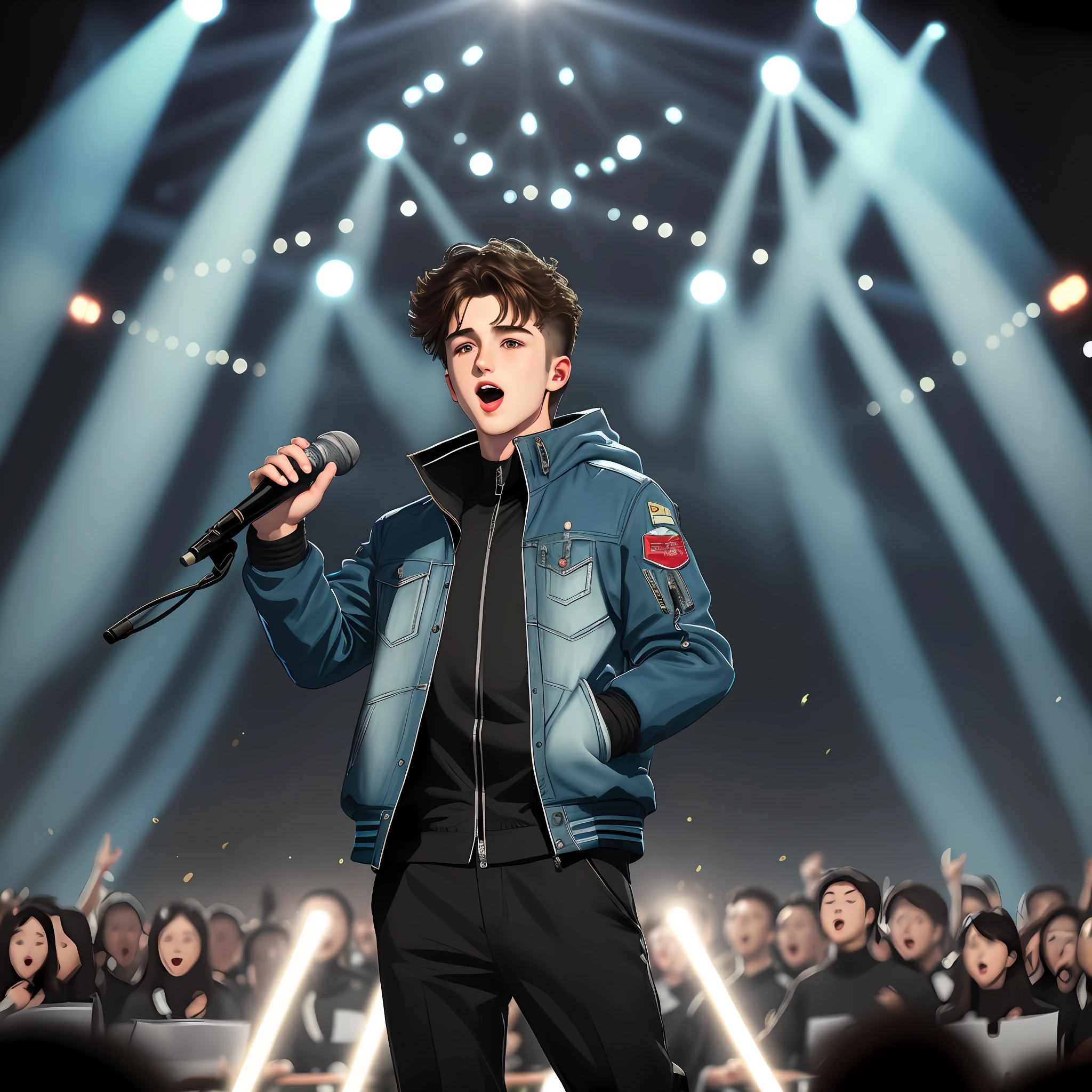 Concert, handsome boy wearing a jacket, holding a microphone in one hand to sing, a sea of people,