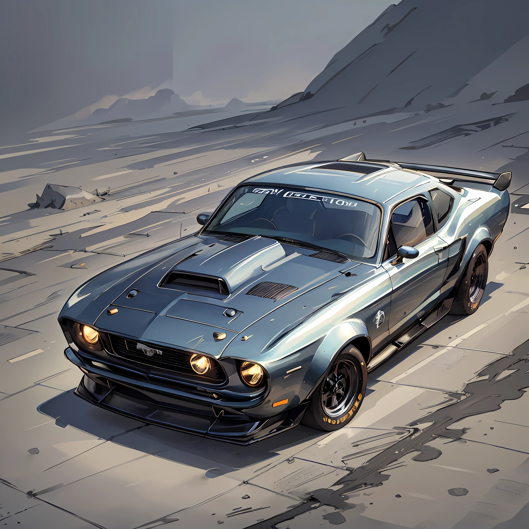 Graphic design, flat design, 1968 Ford Mustang Black blue Shelby, drifting by the moon, watercolor splashes, highly detailed clean, photorealistic masterpiece, professional photography, realistic car, abstract watercolor background, isometric, vibrant color vector, sharp focus, volumetric mist, 8k UHD, DSLR, high quality, film grain, Fujifilm XT3