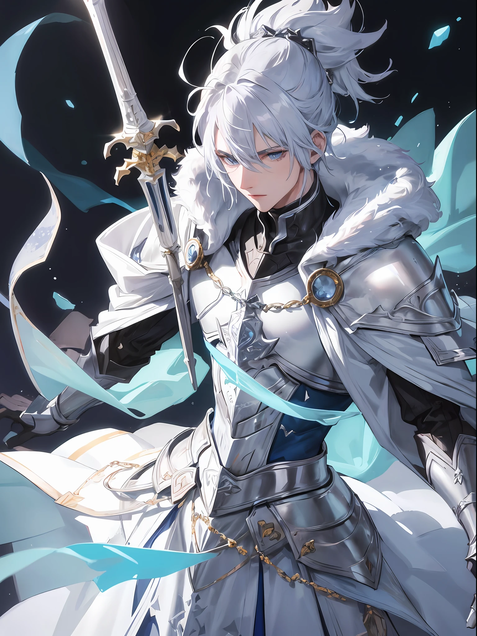 an attractive young man in silver armor with a bright silver curved sword, long indigo robes under the armor with white fur on the edges of the clothes, indigo hood and cape on the shoulders of the armor, cold look, silver hair up to the neck, light blue eyes, ((dynamic angle camera shot))), dynamic pose, saturated color, Tenebrism style art painting, oil on canvas, ice world background landscape,
