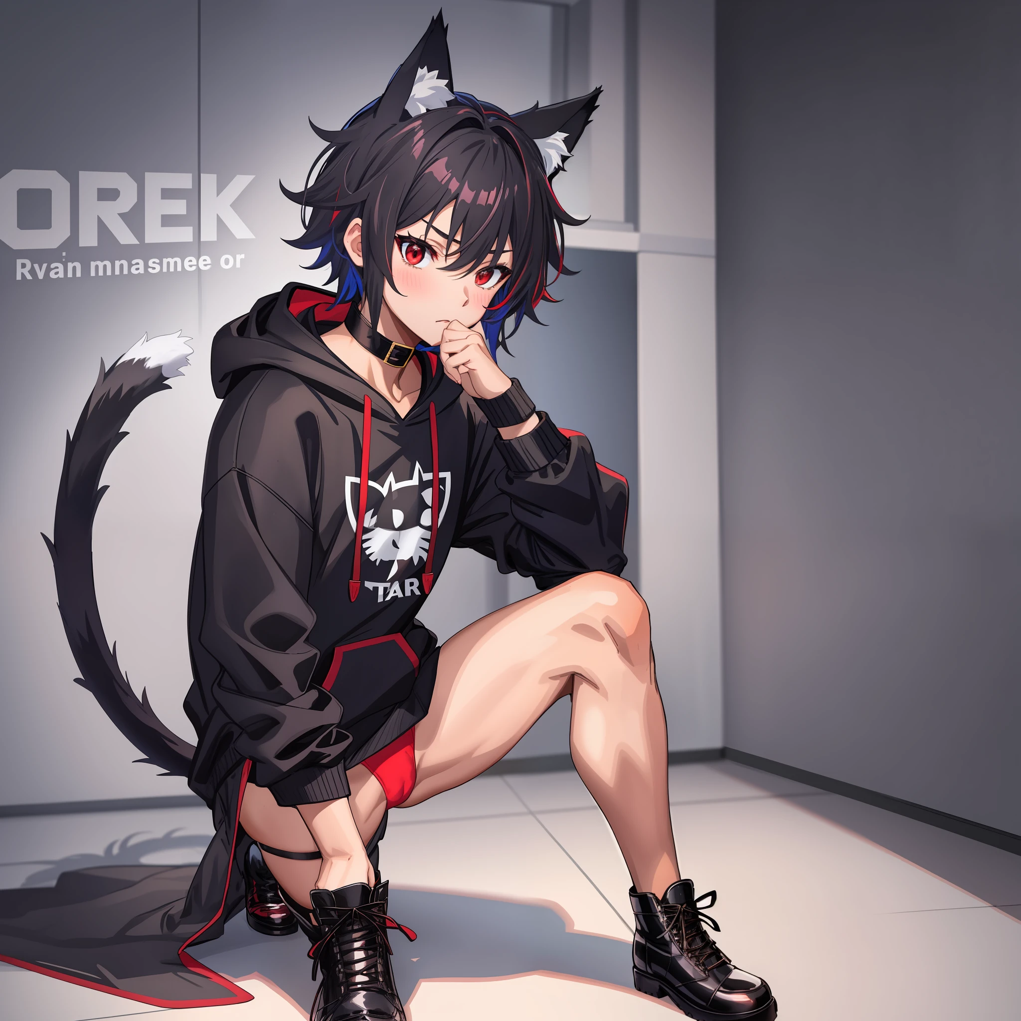 one boy, toned, flexing, sharp big cat ears, cat tail, big black messy hair, extremely vibrant red eyes, masterpiece, vibrant, micro thong , slim dark black hoodie, full body view, cute face, black thigh socks, combat boots.