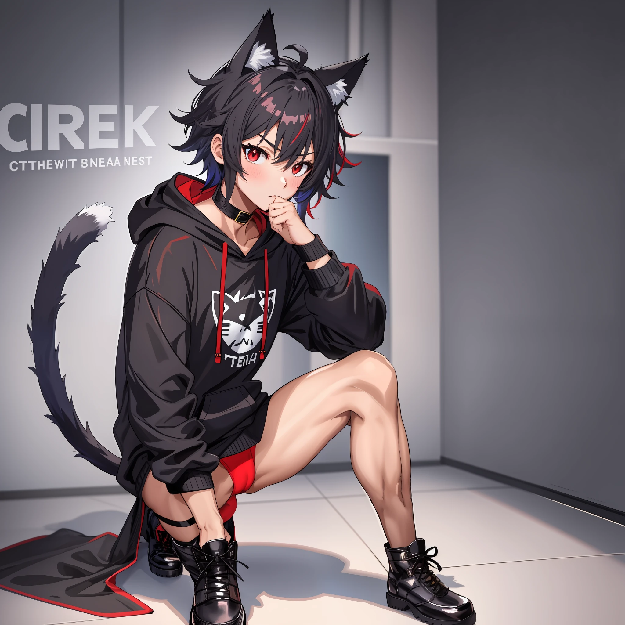 one boy, toned, flexing, sharp big cat ears, cat tail, big black messy hair, extremely vibrant red eyes, masterpiece, vibrant, micro thong , slim dark black hoodie, full body view, cute face, black thigh socks, combat boots.