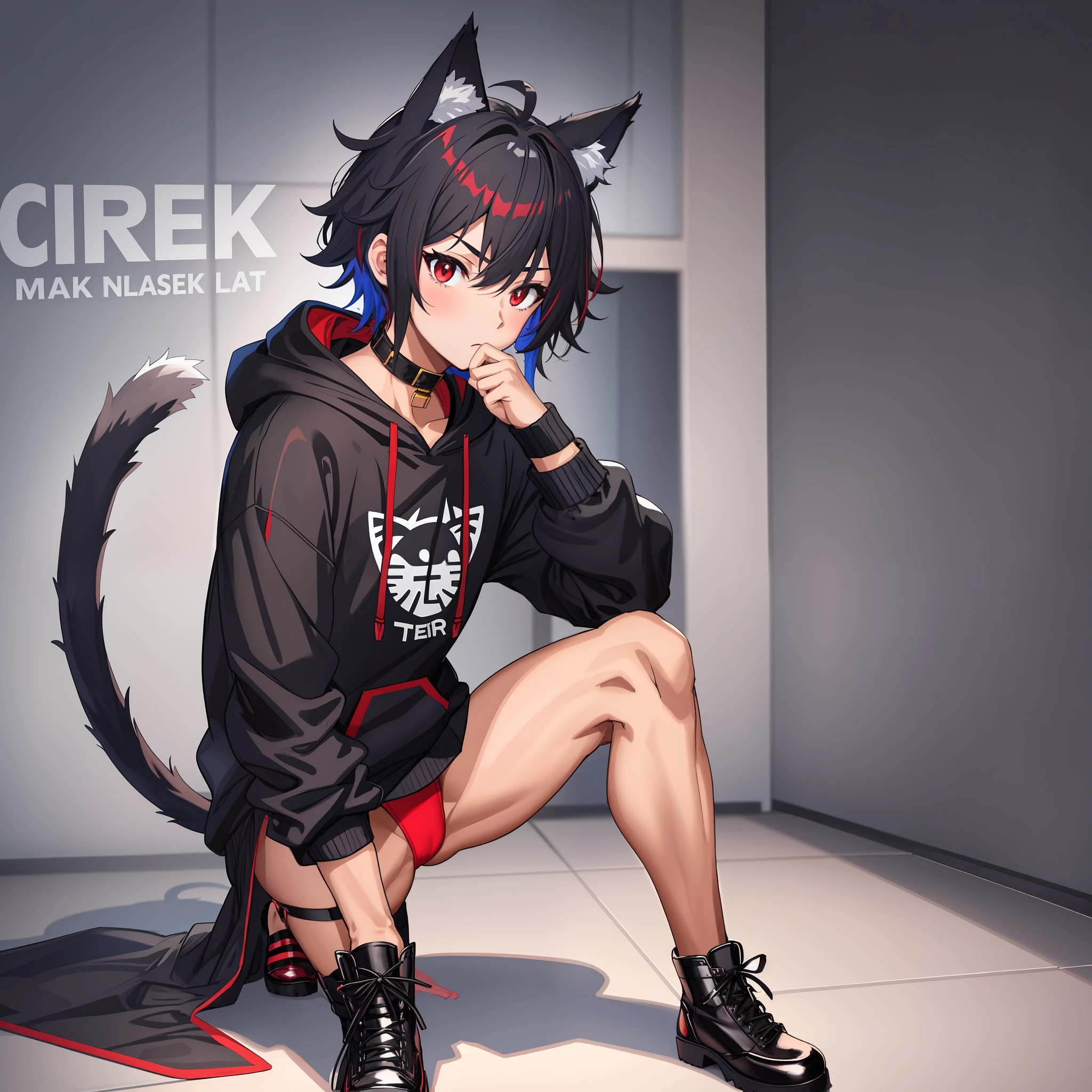 one boy, toned, flexing, sharp big cat ears, cat tail, big black messy hair, extremely vibrant red eyes, masterpiece, vibrant, micro thong , slim dark black hoodie, full body view, cute face, black thigh socks, combat boots.
